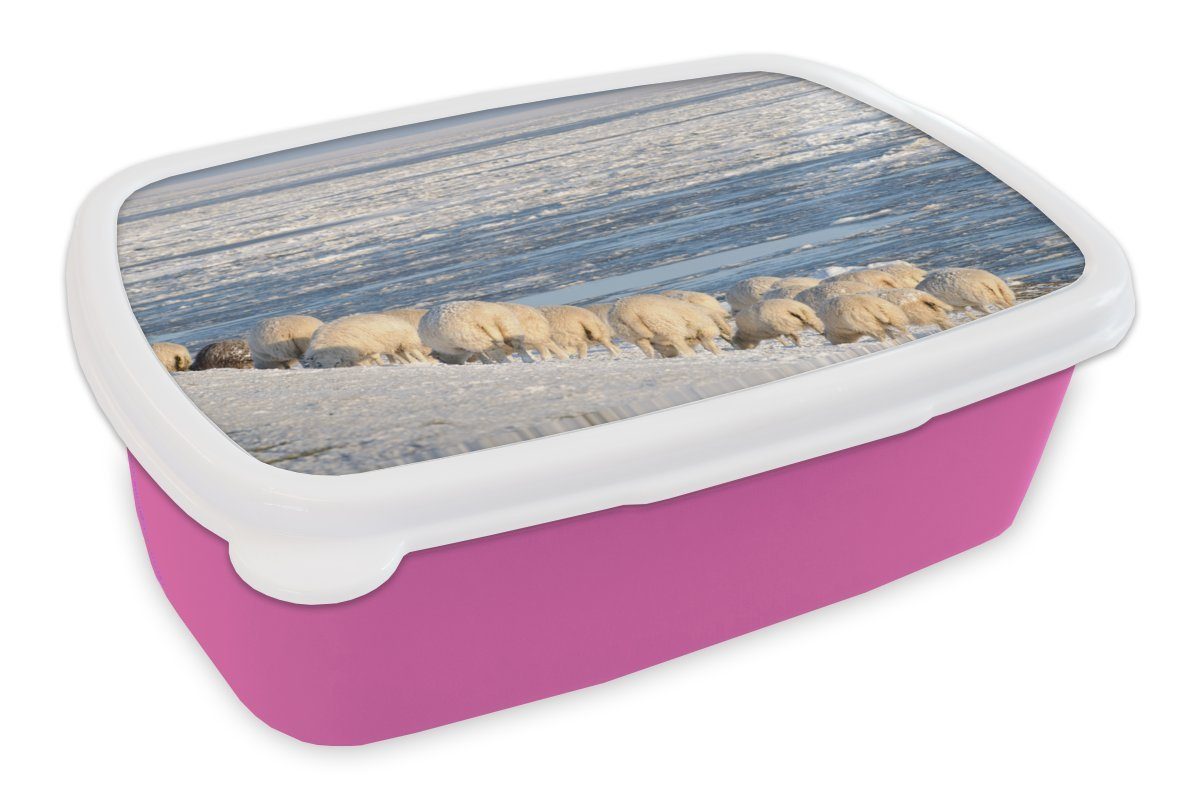 MuchoWow Lunchbox Schafe - Watteninseln - Meer, Kunststoff, (2-tlg), Brotbox für Erwachsene, Brotdose Kinder, Snackbox, Mädchen, Kunststoff rosa