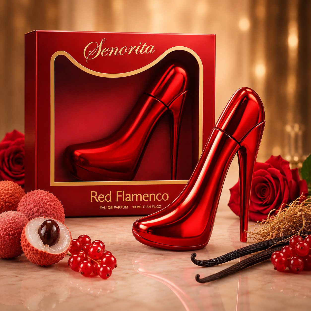 Fine Perfumery London Eau de Parfum Senorita Red Flamenco Heel Damenparfum, Blumig, Rose, Vanille e100 ml, Hergestellt in UK, Schöne Verpackung, High Heel Geschenk