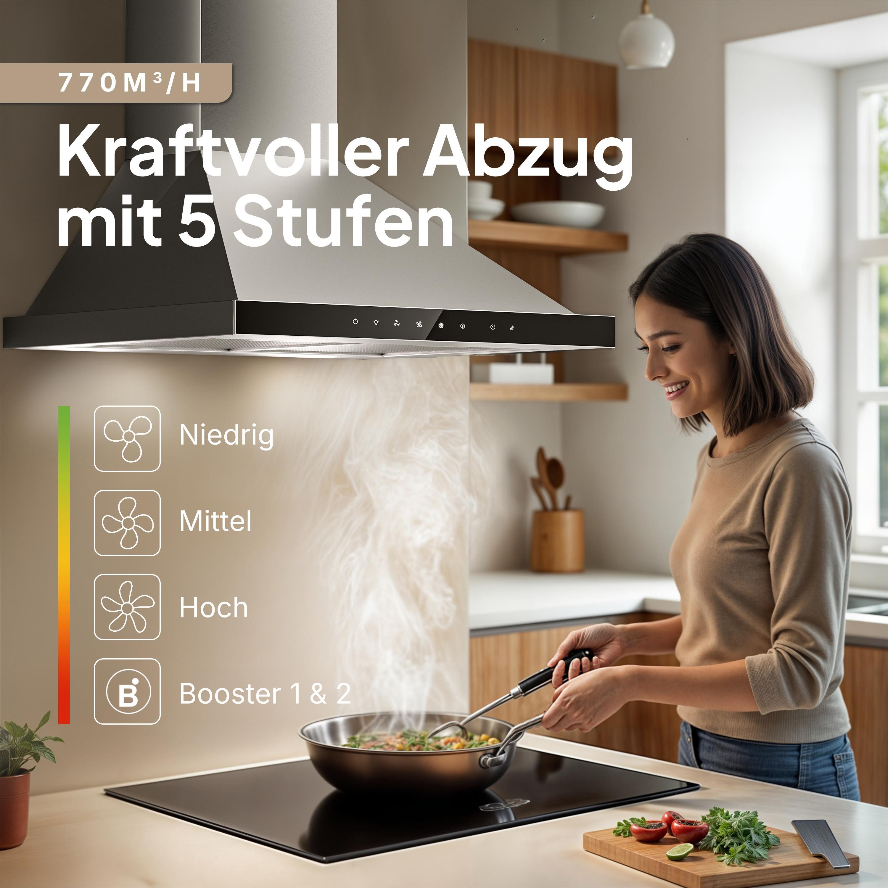 Levivo Wandhaube A+++ Dunstabzugshaube 60cm Umluft & Abluft mit 770 m³/h A+++ Dunstabzugshaube 60cm Umluft & Abluft mit 770 m³/h, Aktivkohlefiltern, Fettfiltern, LED-Beleuchtung