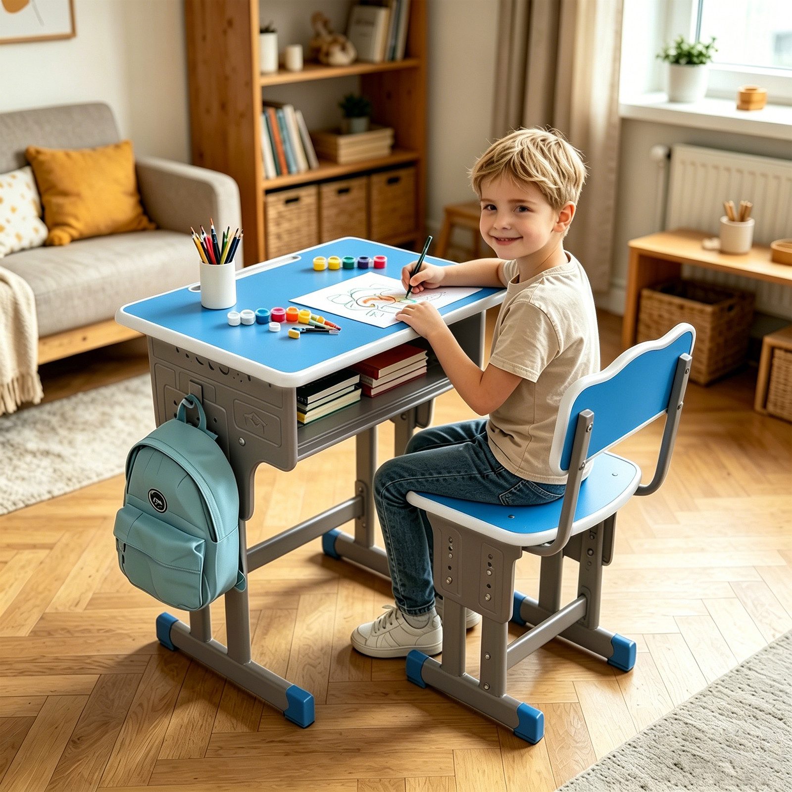 BBG Kinderschreibtisch Höhenverstellbares Kinder Schreibtisch Set mit Stuhl (Ergonomischer Lerntisch 60x40 cm, 4-Stufen Höhenverstellung, Ein Tisch, ein Stuhl), Anti-Rutsch Füße, Schulmöbel für Kinder ab 3 Jahren