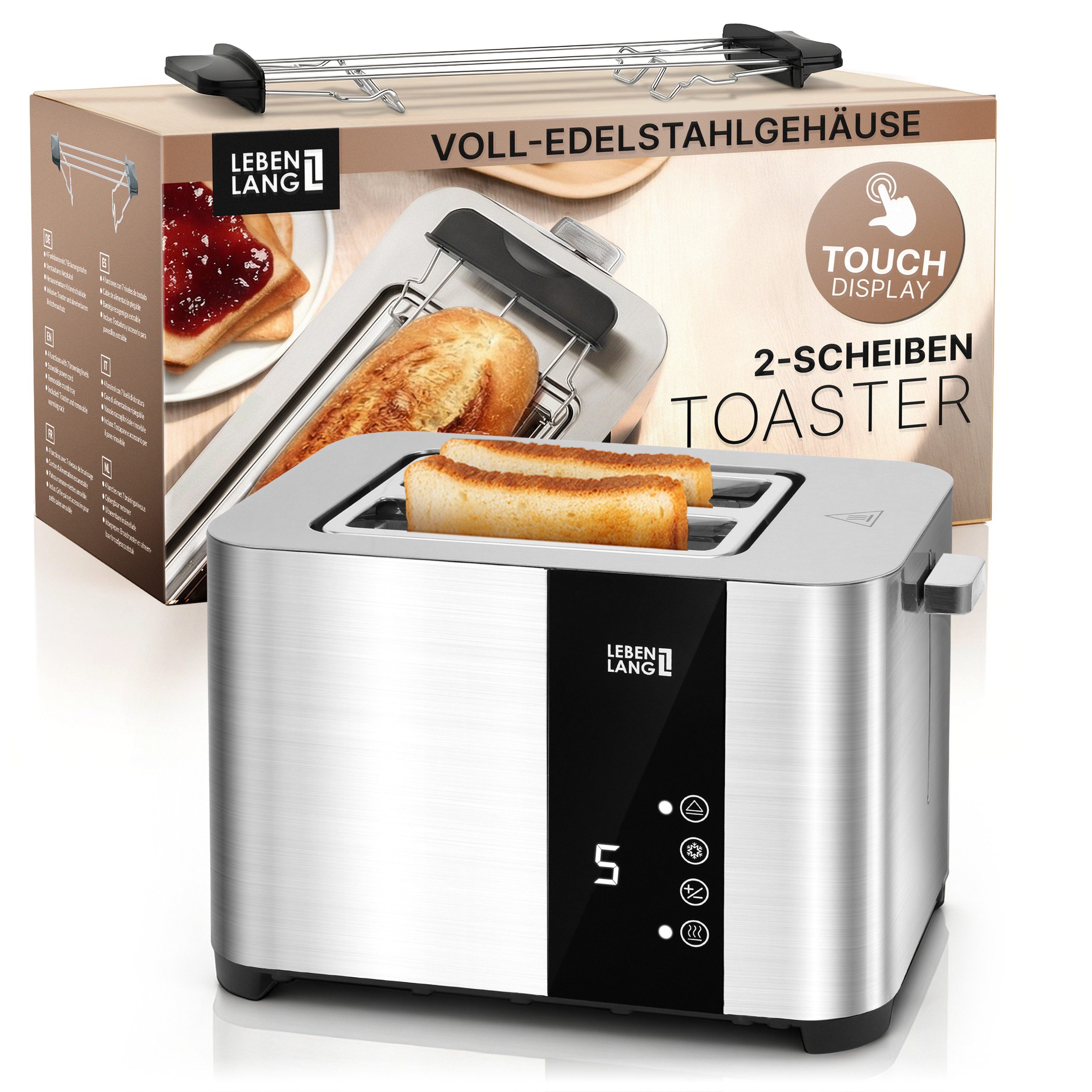 Lebenlang Toaster Premium 2-Scheiben Multifunktionstoaster aus Edelstahl, für 2-Scheiben, 850,00 W, mit Touchscreen-Display, 7 Bräunungsstufen und 4 Funktionen
