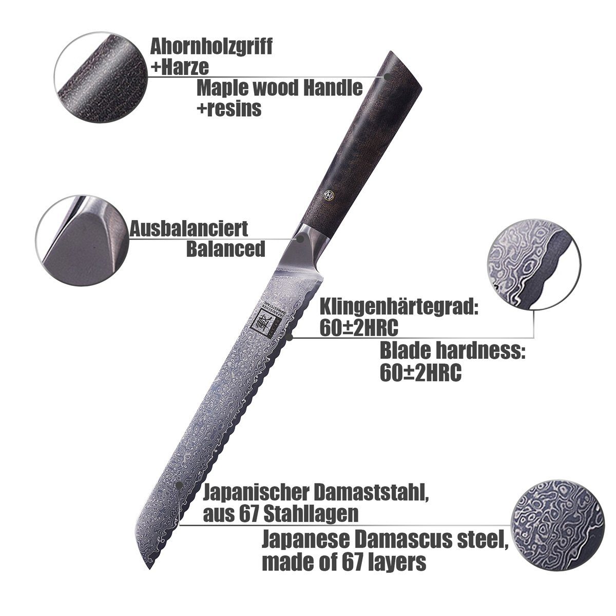 ZAYIKO Brotmesser Ahornholz Damastmesser LINE - DAITO Stahlkern Damastmesser VG-10 PROFI