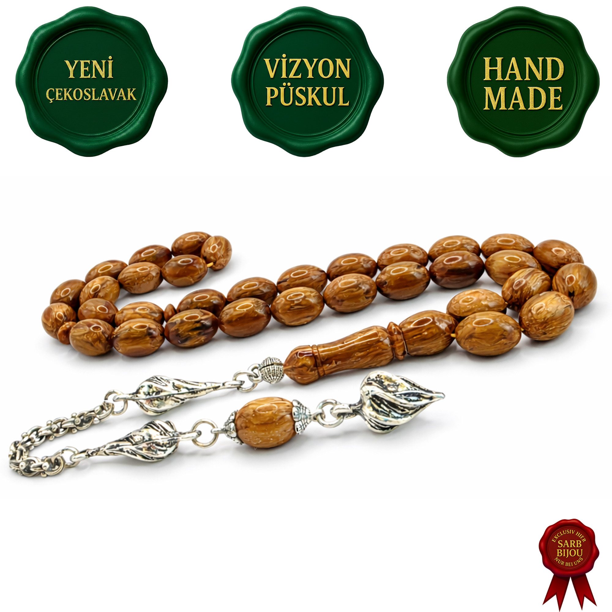 M-Punkt24 Kettenanhänger Tesbih Tespih Yeni Cekoslavak (8x12mm Beyzi/Olive, Braun marmoriert, inkl. Etui), Vizyon Püskül Silberfarbig !!! SONDERPREIS NUR FÜR KURZE ZEIT !!!