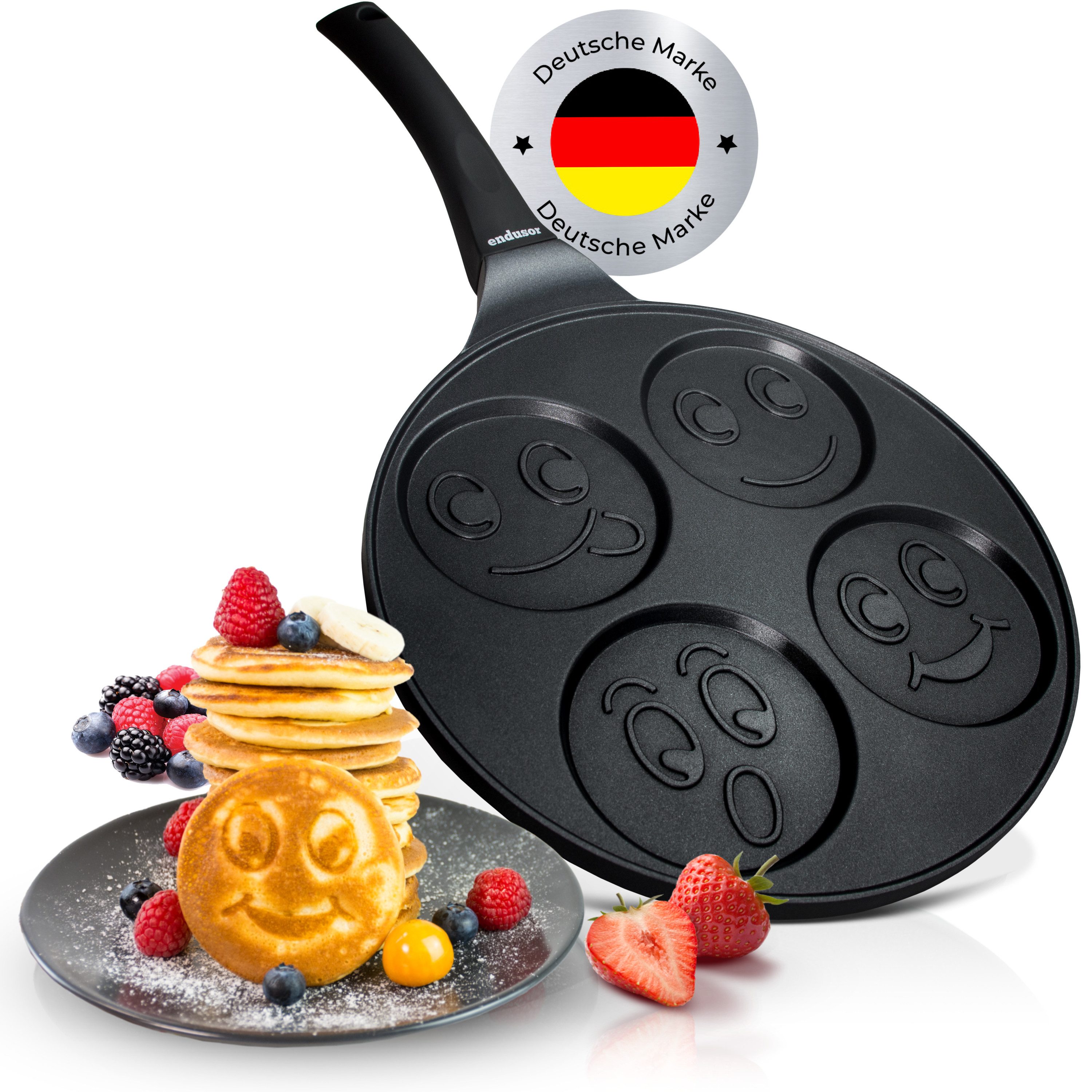endusor Crêpepfanne Pancake Pfanne ⌀26cm mit 4 Smiley Motiven für Kinder, Aluminiumguss (Alle Herdarten inkl. Induktion, Ø 26cm Bratpfanne), modernster Antihaft-Beschichtung & Eisenkernboden für Pancakes & Mehr