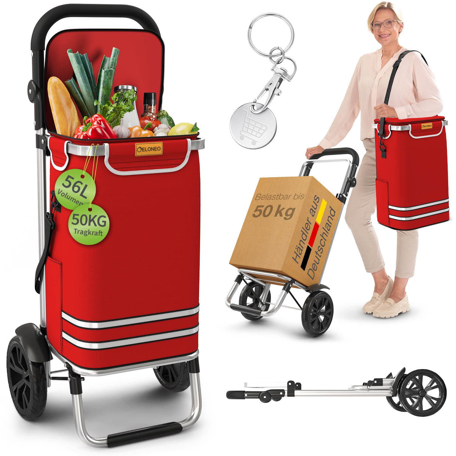 ELONEO Einkaufstrolley ELONEO Einkaufstrolley, 3in1, klappbar, Mit HängFix zum Anhängen an den Einkaufswagen