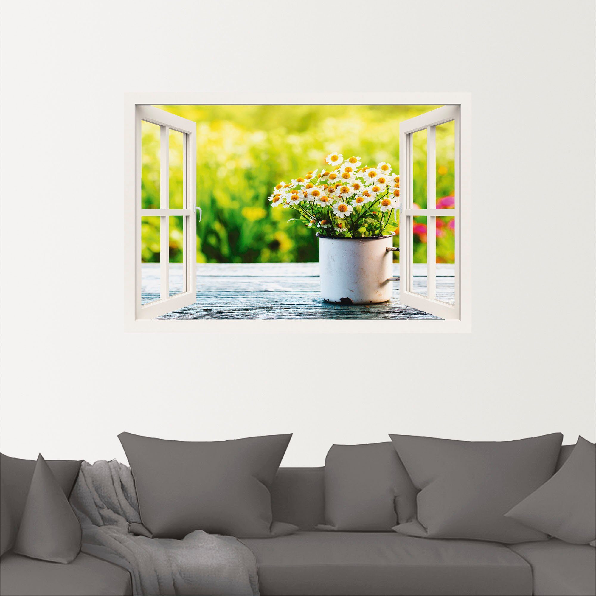 Wandbild als Leinwandbild, (1 Poster Alubild, Artland oder in versch. Fensterblick Garten Gänseblümchen, Größen mit Wandaufkleber St), Blumen
