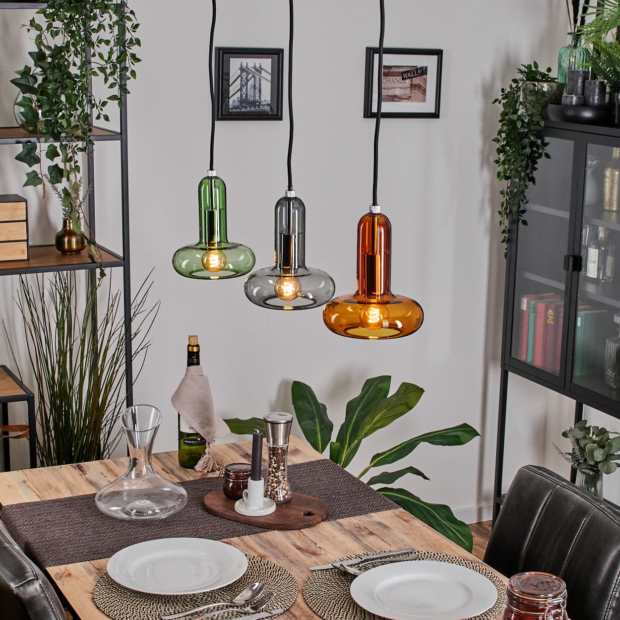 hofstein Pendelleuchte Pendellampe aus Metall/Glas in Schwarz/Bernstein/Rau günstig online kaufen