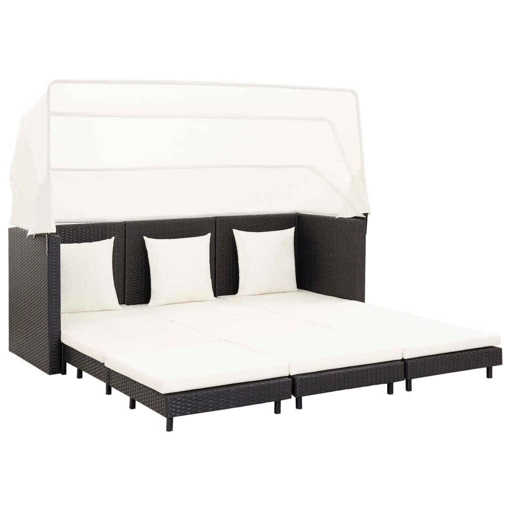 Loungesofa Ausziehbares 3-Sitzer-Schlafsofa mit Dach Poly Rattan Schwarz