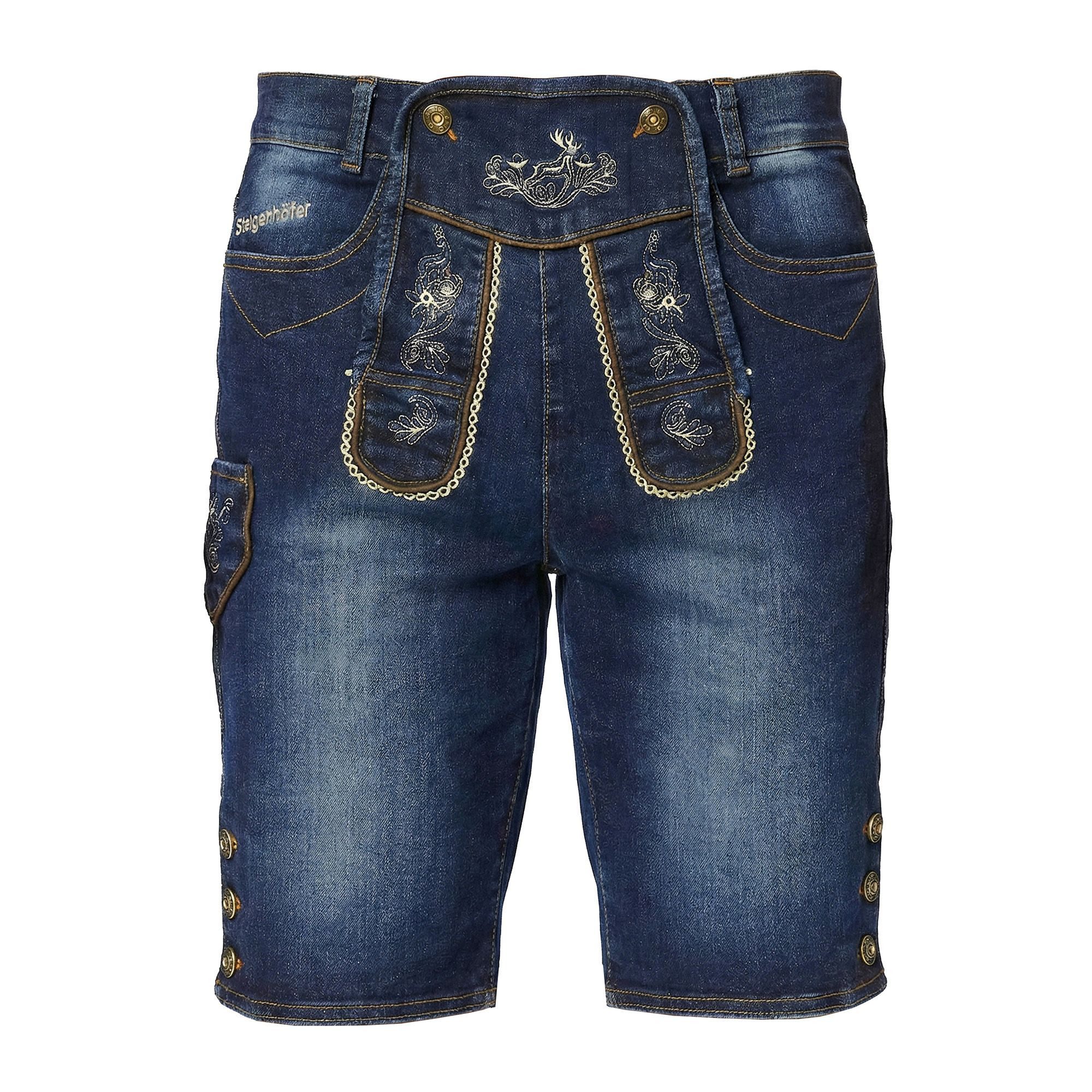 Steigenhöfer Manufaktur Trachtenjeans Herren im Lederhosen Look - Leonard - Stonewashed Stretch Denim Trachtenlatz mit Knopfleiste - Kurze Jeans - Oktoberfest Outfit
