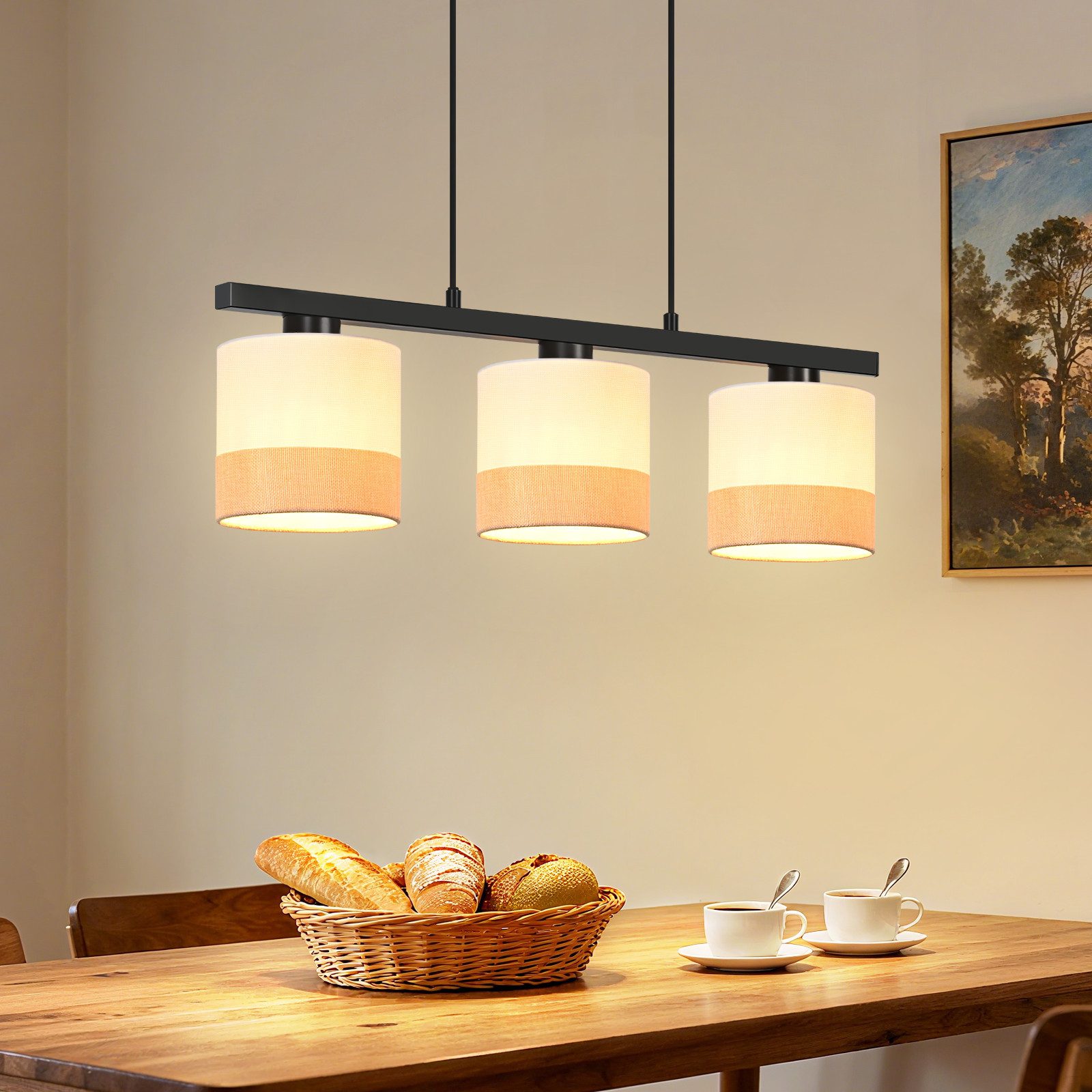 ZMH Pendelleuchte Esstisch 1/3/4 flammig E27 Retro Stoff Esszimmerlampe, ohne Leuchtmittel, 120cm Höhenverstellbare Hängeleuchte für Küche Wohnzimmer