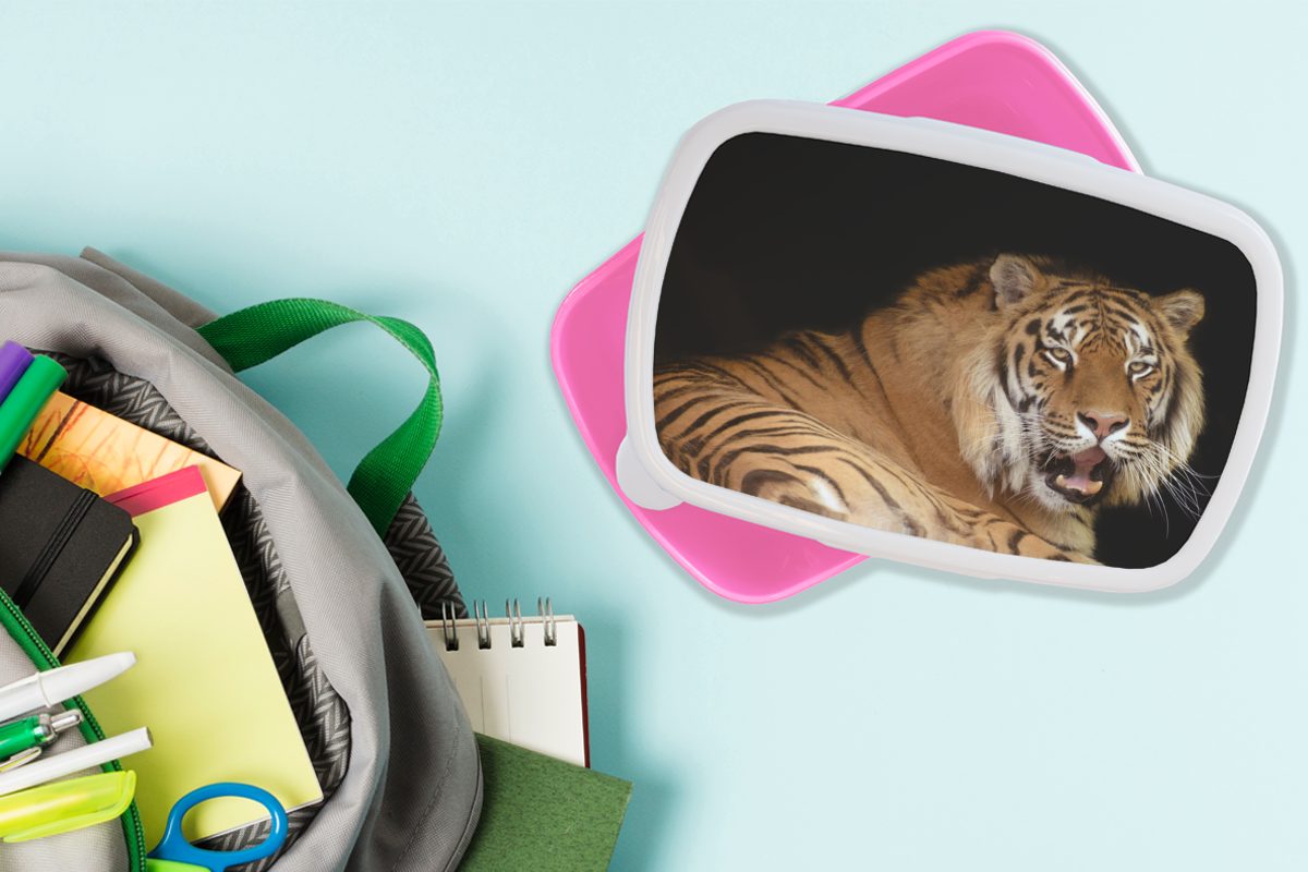 MuchoWow Lunchbox Tiger Snackbox, Kunststoff, für Brotbox Gähnen Brotdose Kinder, rosa Schwarz, - Erwachsene, Mädchen, (2-tlg), Kunststoff 