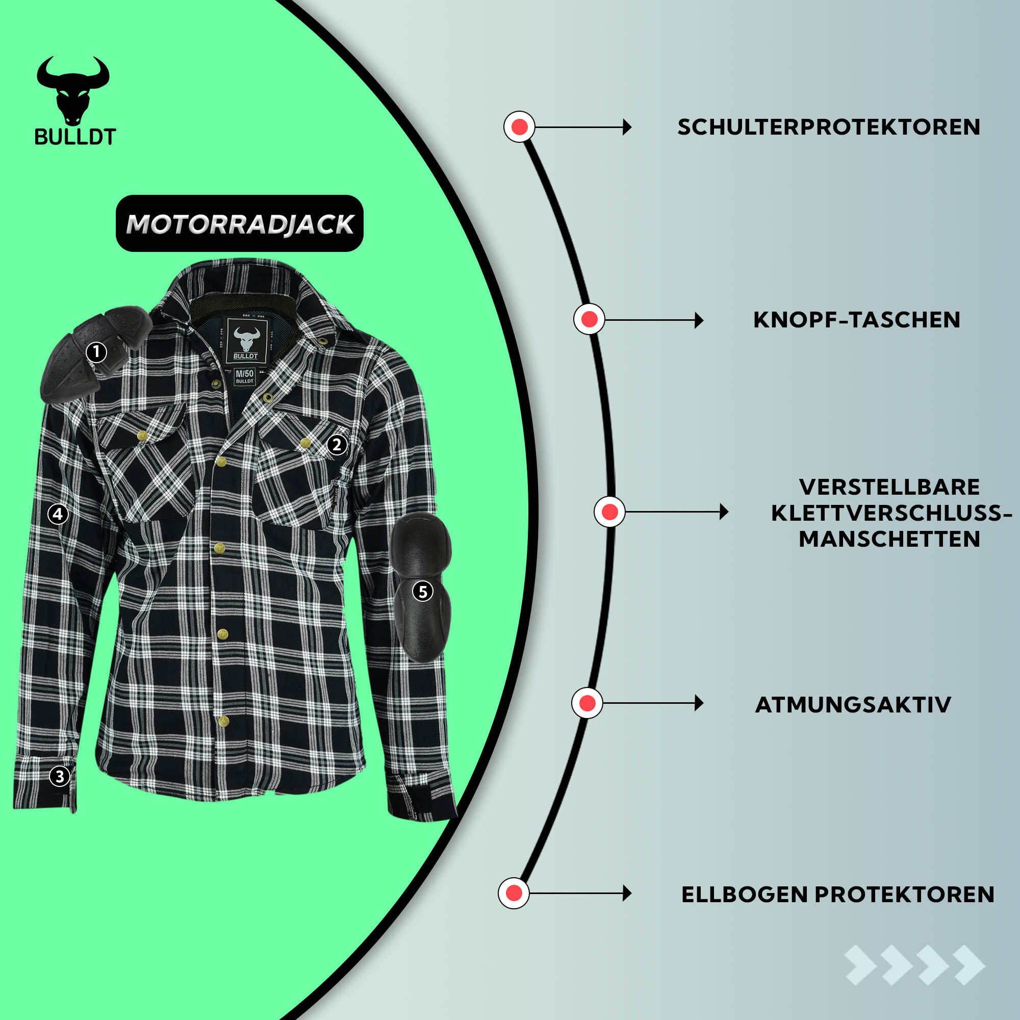BULLDT Motorradjacke BLD1201 (mit 4 CE-Protektoren) BULLDT Herren Motorradhemd Holzfäller-Look Hemd – Bild 2 von 4