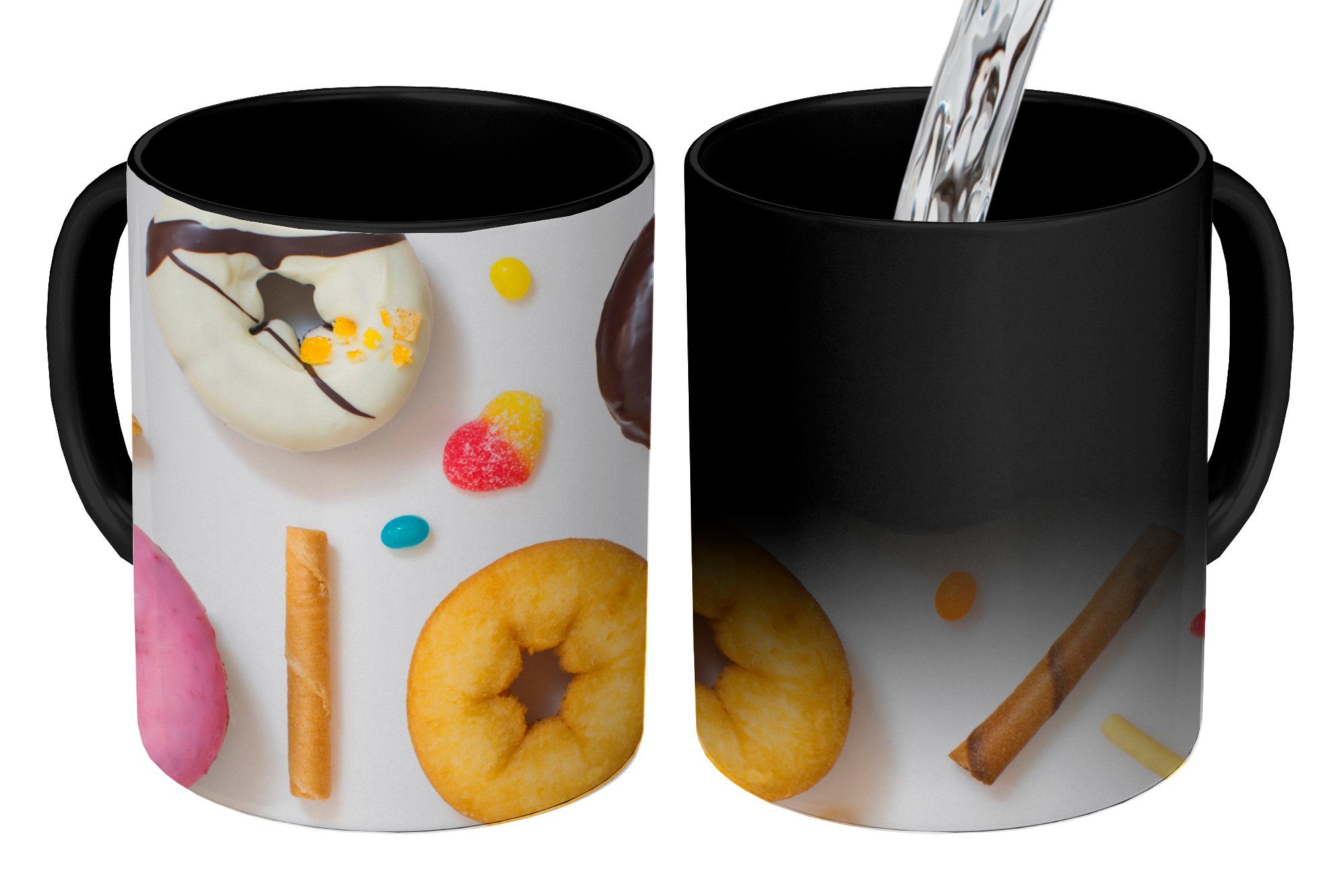 MuchoWow Tasse Donuts, Süßigkeiten und Kekse, Keramik, Farbwechsel, Kaffeetassen, Teetasse, Zaubertasse, Geschenk