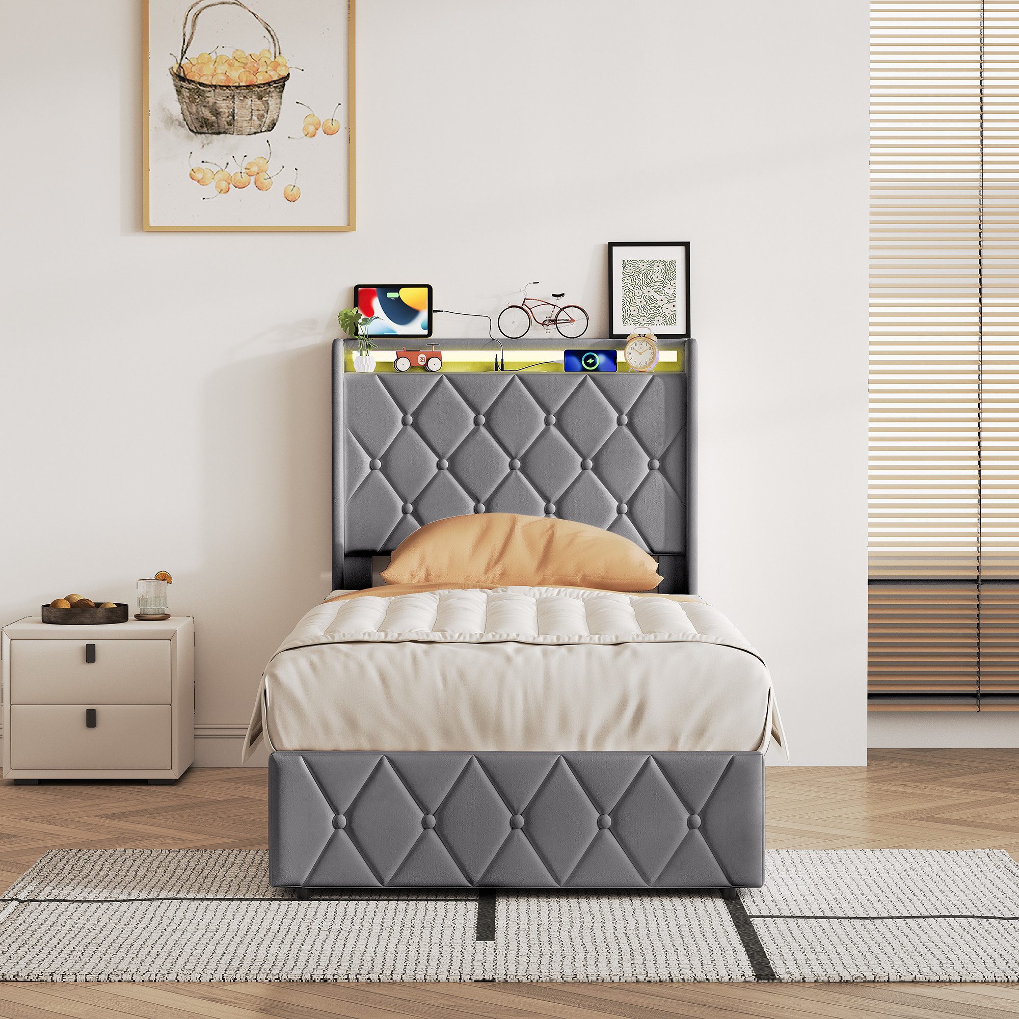 Yelenaro Stauraumbett Polsterbett Doppelbett Mit USB+Typ C und LED-Leuchten (Packung, 1-tlg., Jugendbett), 90x200 cm,Mit Bettkasten,Kopfteil und Bettgestell,Sam – Bild 2 von 5