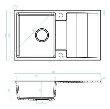 KOLMAN Küchenspüle RAB Granitspüle Einzelbecken 44x76 mit platzsparender Siphon in Grau, Rechteckig, 44/16 cm, Grau, in Grau