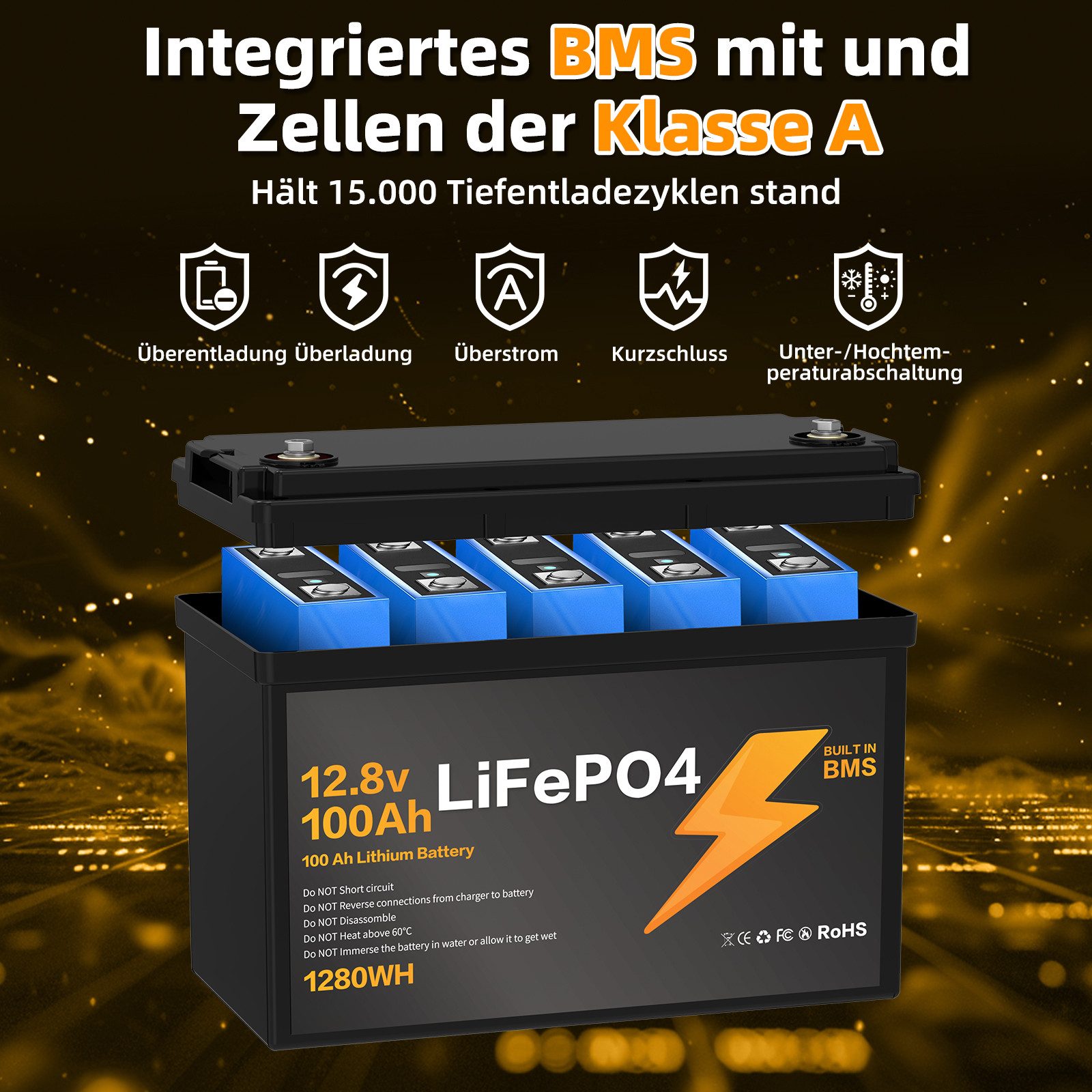 Blossom Akku 12.8V 100Ah Lithium-Batterie mit Smart BMS IP67 LiFePO4 Solarakkus (12.8 V), wasserdicht Lithium Akku 1280Wh 4000+ Zyklen für Solaranlage Camping