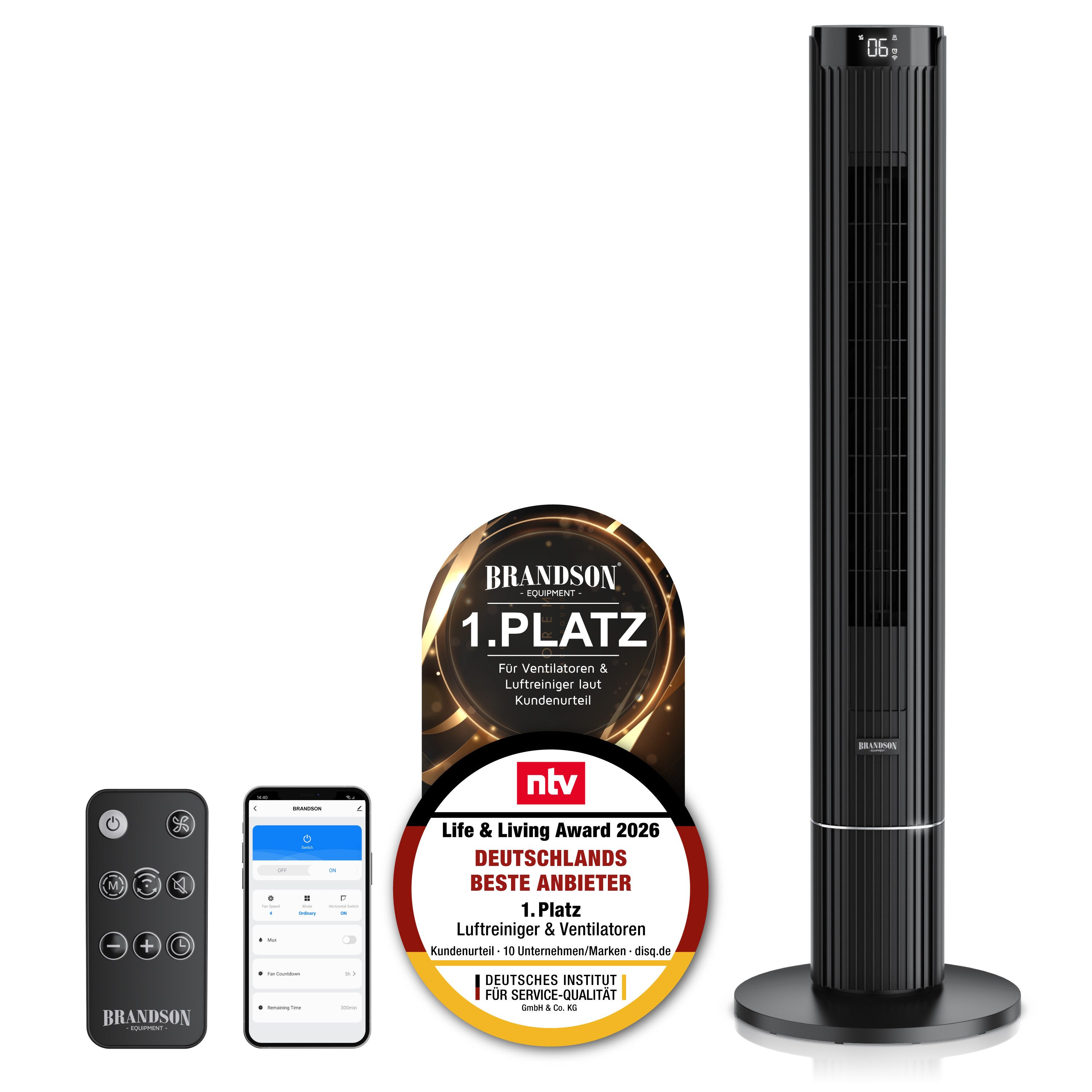 Brandson Turmventilator WiFi, Eco DC-Motor 40W, App-Steuerung/Sprachbefehl, Timer, Oszillation, Sieger Life & Living Award 2026, extrem leiser Lüfter, 12 Stufen