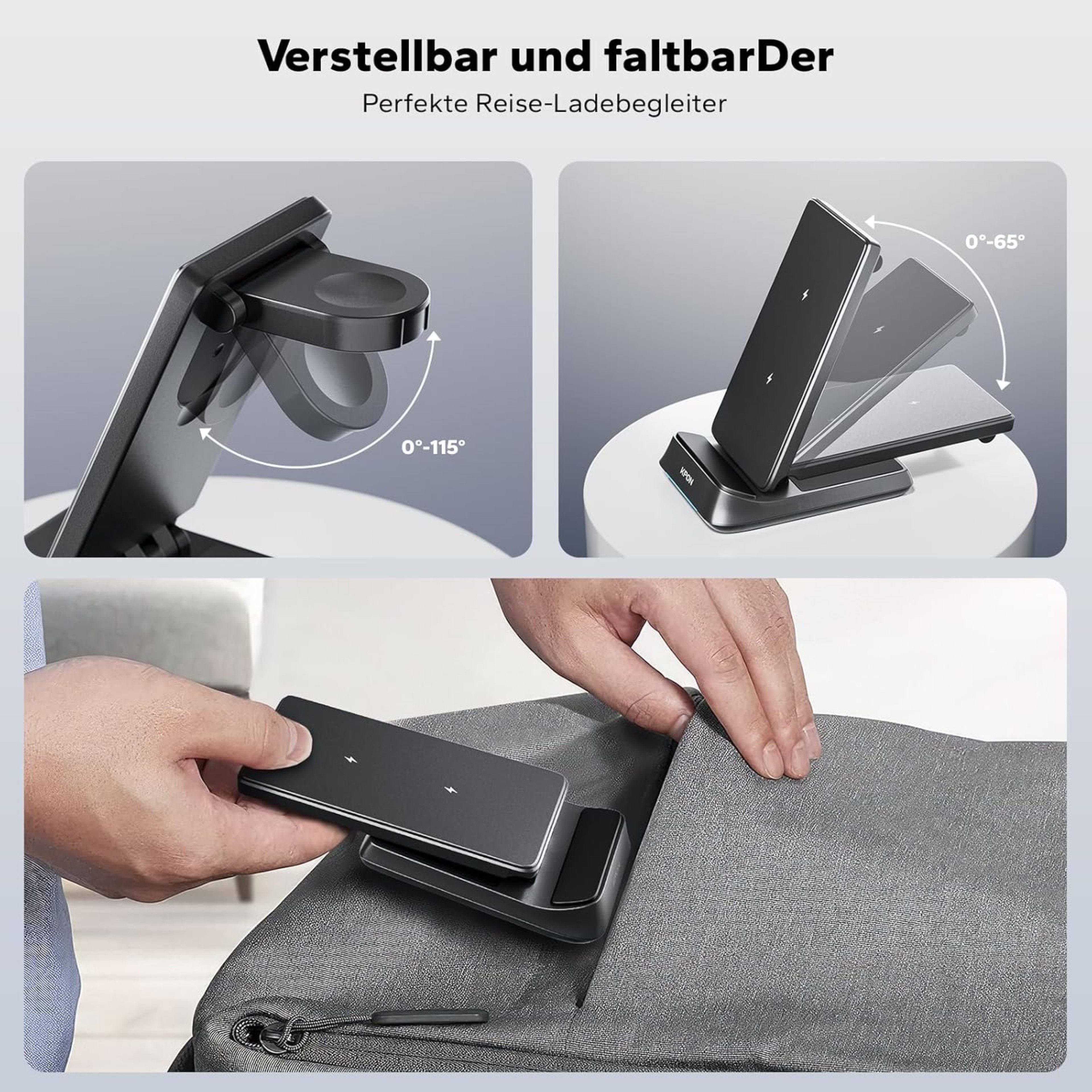 LA CUTE 3-in-1 Induktive Ladestation 20W Faltbar Galaxy iPhone Watch AirPods Wireless Charger (1500 mA, Komplettset für Smartphone, Watch und Earbuds, Ladegerät mit Netzadapter, USB-C-Kabel und Anleitung, 3-in-1 Ladegerät für Samsung, iPhone, Watch, Buds)