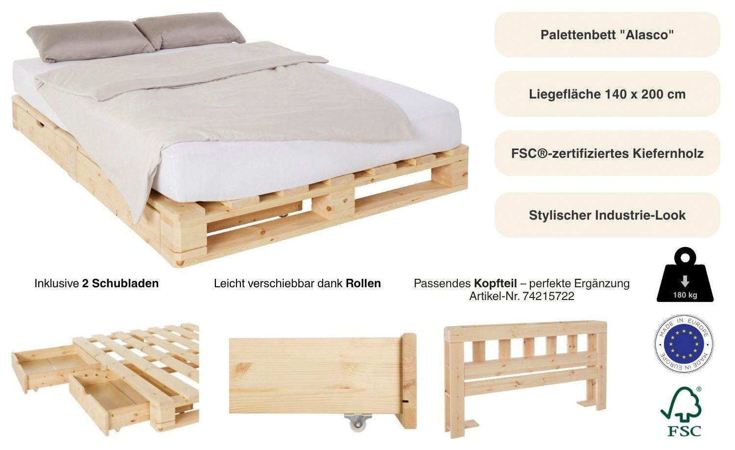OTTO home Palettenbett "ALASCO " Mit Schublade, zertifiziertes Massivholz, erweiterbar zum Doppel- oder Familienbett
