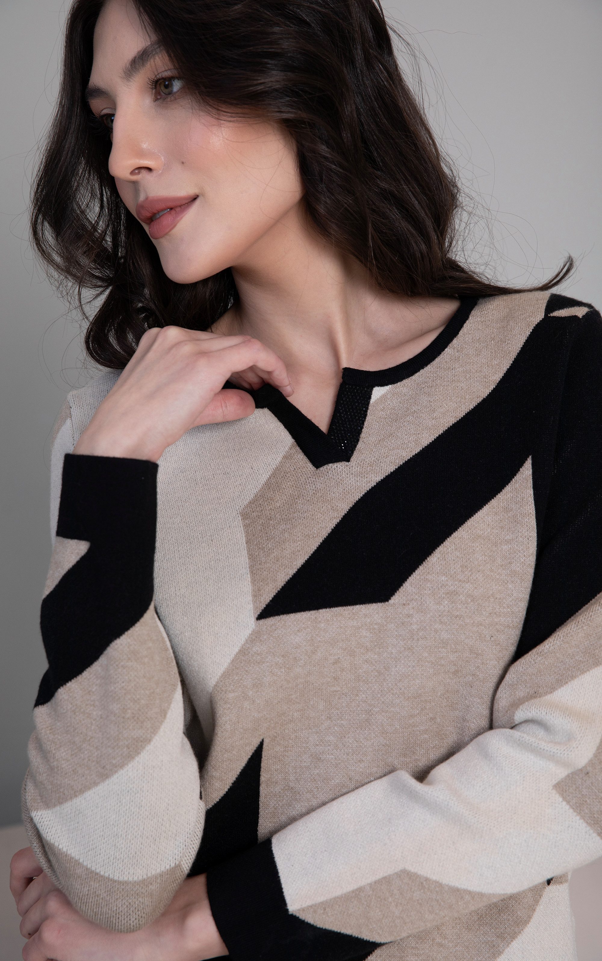 Passioni Strickpullover in Kamel, Taupe und Beige mit großem abstrakten geo günstig online kaufen
