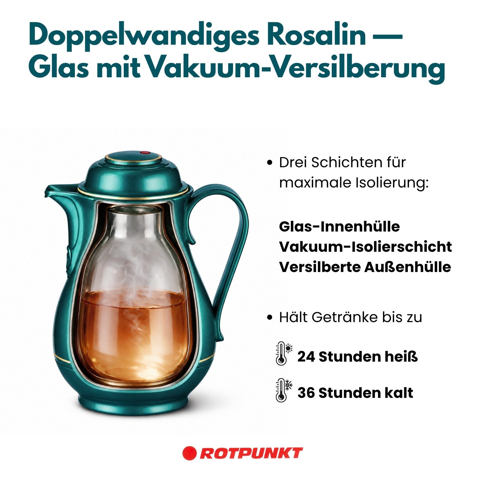 ROTPUNKT Isolierkanne CHRISTA 530, Kaffeekanne mit Rosalin-Glaseinsatz, 0.5 l, Made in Germany, 24 Std heiß 36 Std kalt, BPA-frei – Bild 3 von 5