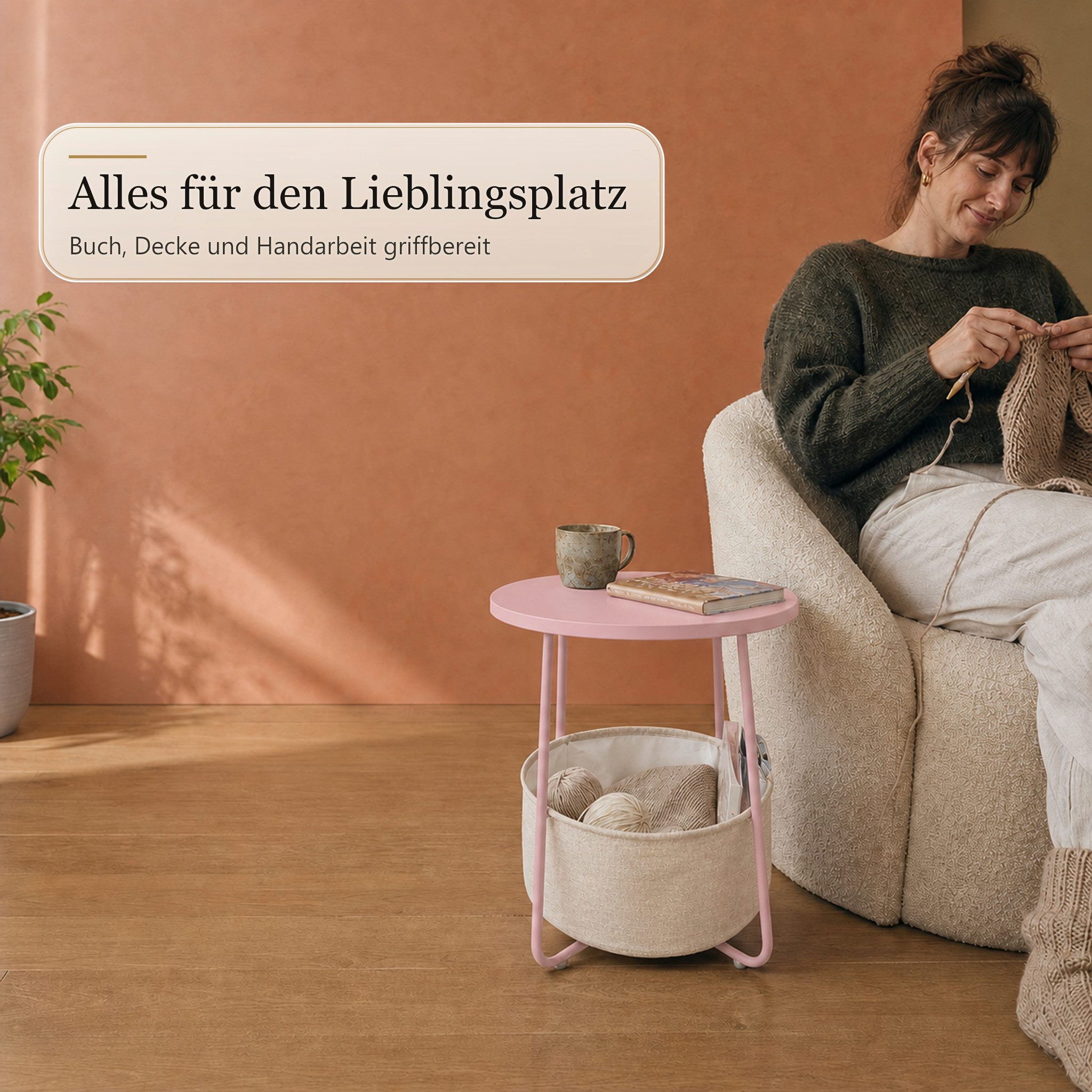 Floordirekt Beistelltisch Luca runder Sofatisch mit Stoffkorb Stauraum 45 cm 4 Farben, 2-in-1-Design – Bild 5 von 5
