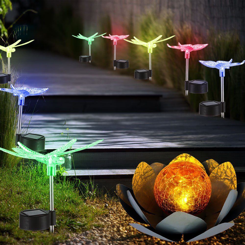 etc-shop Solar 9x Außen Libelle verbaut, fest Lotoblume Steck Lampen Leuchten LED-Leuchtmittel Gartenleuchte, LED