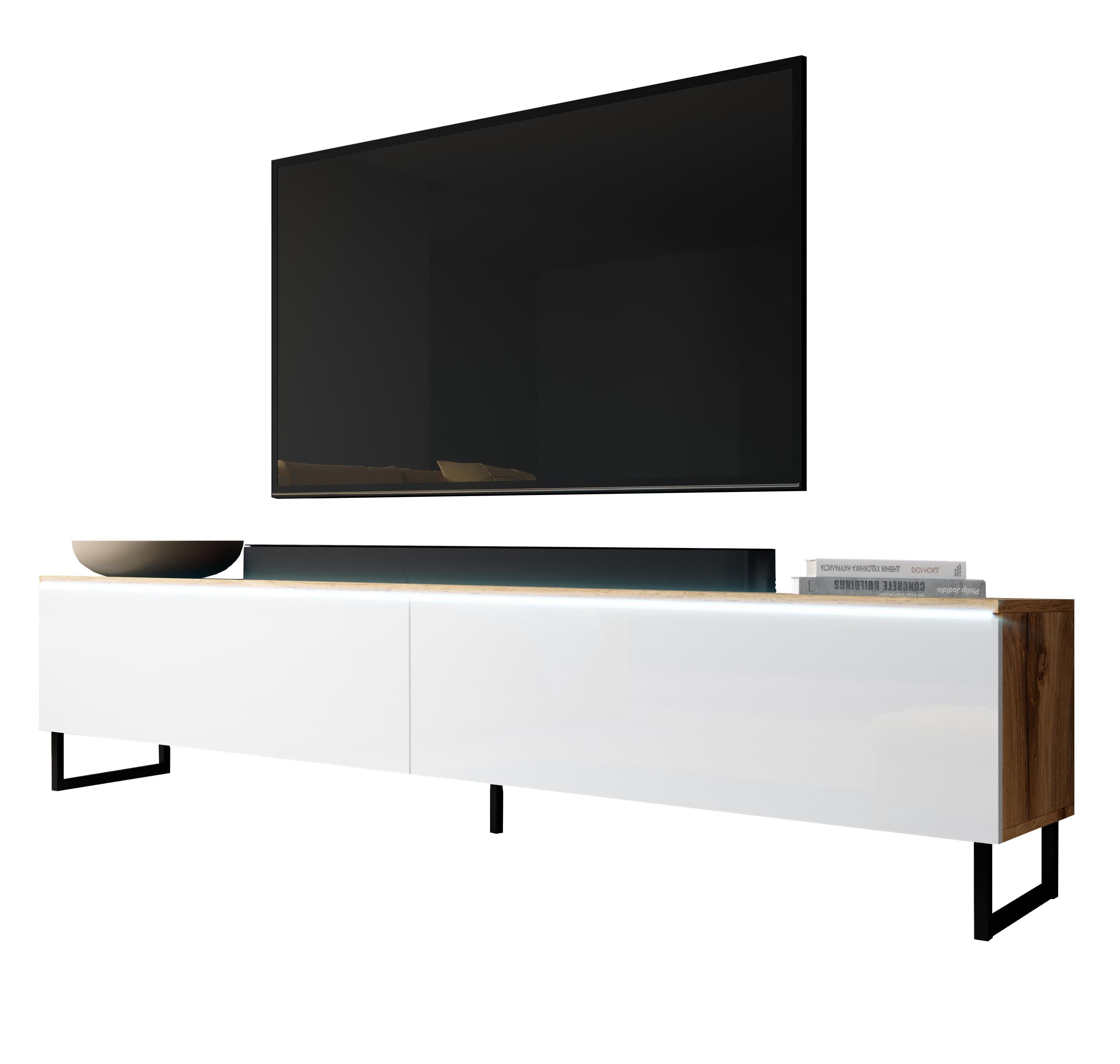 Wotan/Weiß LED, x TV-Schrank OHNE B180 TV-Board Hochglanz H34 mit x cm BARGO Metallfüßen Furnix T32