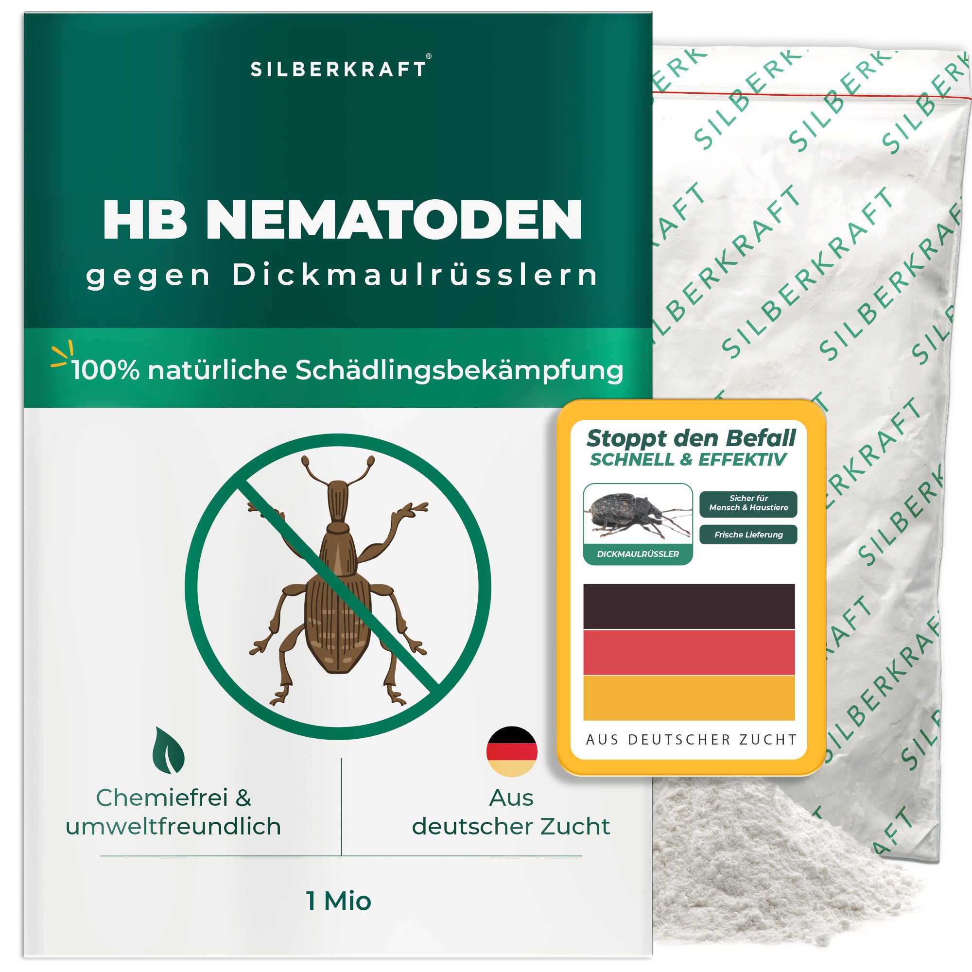 Silberkraft Insektenvernichter HB-Nematoden gegen Larven von Dickmaulrüssler, Gartenlaubkäfer & mehr, biologische Schädlingsbekämpfung für Garten & Topfpflanzen
