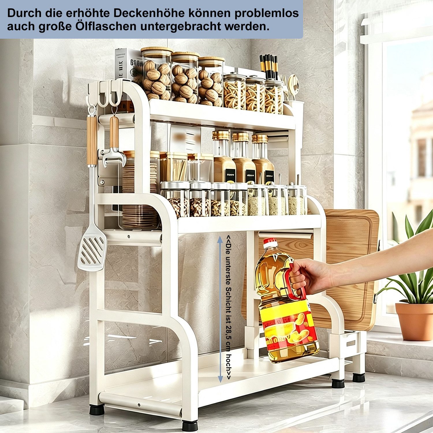 devesanter Gewürzregal Dreistöckiges Küchen-Gewürzregal mit 6 Haken, 57,5x22x52,5cm, 1-tlg., multifunktionaler Küchenorganizer in weiß aus Metall – Bild 5 von 5