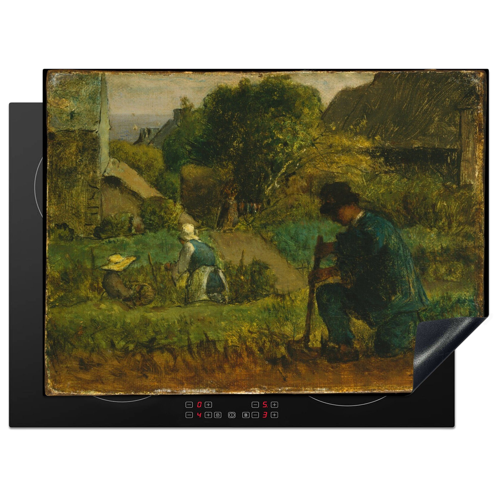 MuchoWow Herdblende-/Abdeckplatte Gartenszene - Gemälde von Jean-François Millet, Vinyl, (1 tlg), 70x52 cm, Mobile Arbeitsfläche nutzbar, Ceranfeldabdeckung
