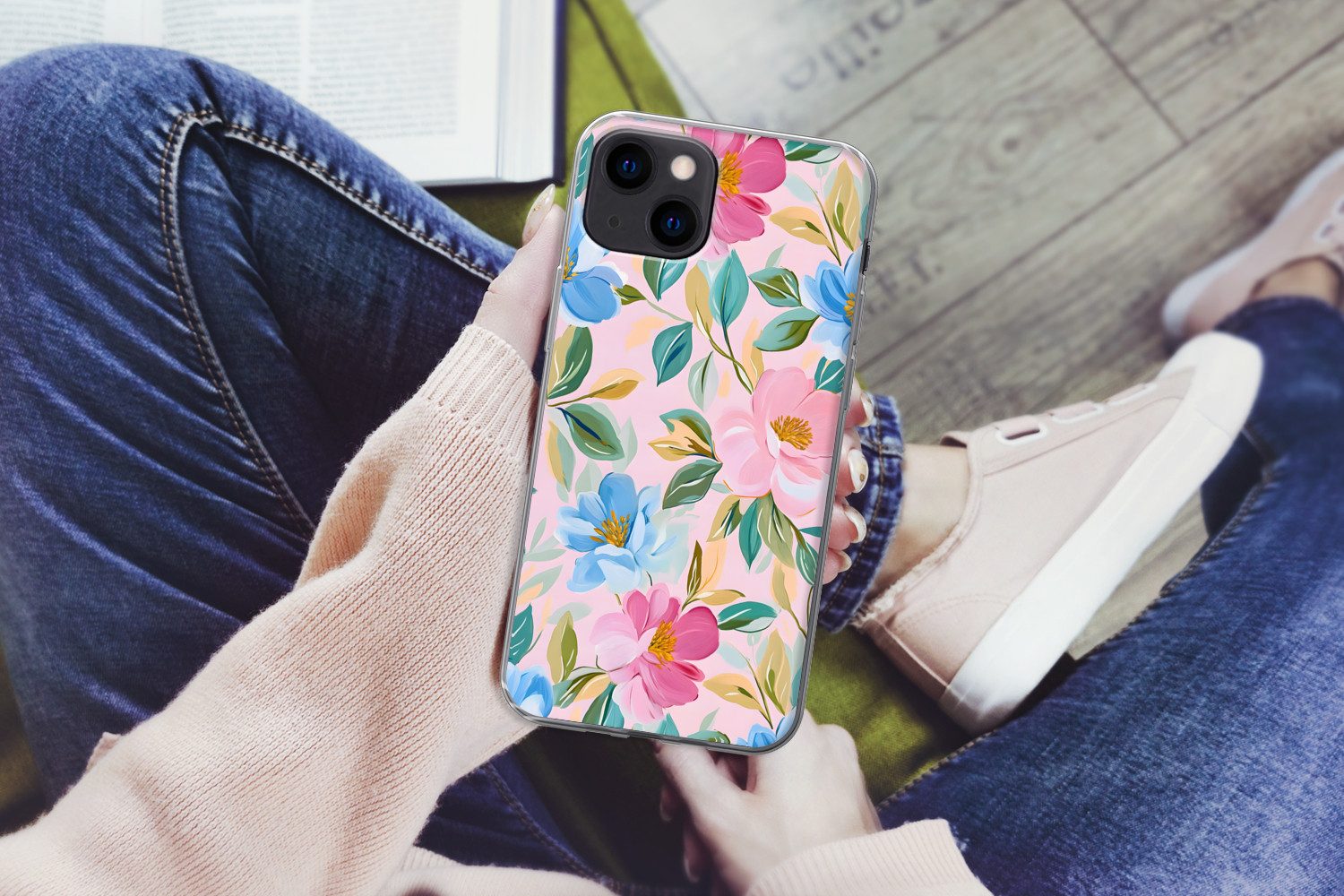 MuchoWow Handyhülle für Apple iPhone 13 Blau - Rosa - Blumen, Smartphone-Bumper, Print, Handy Schutzhülle Dünn