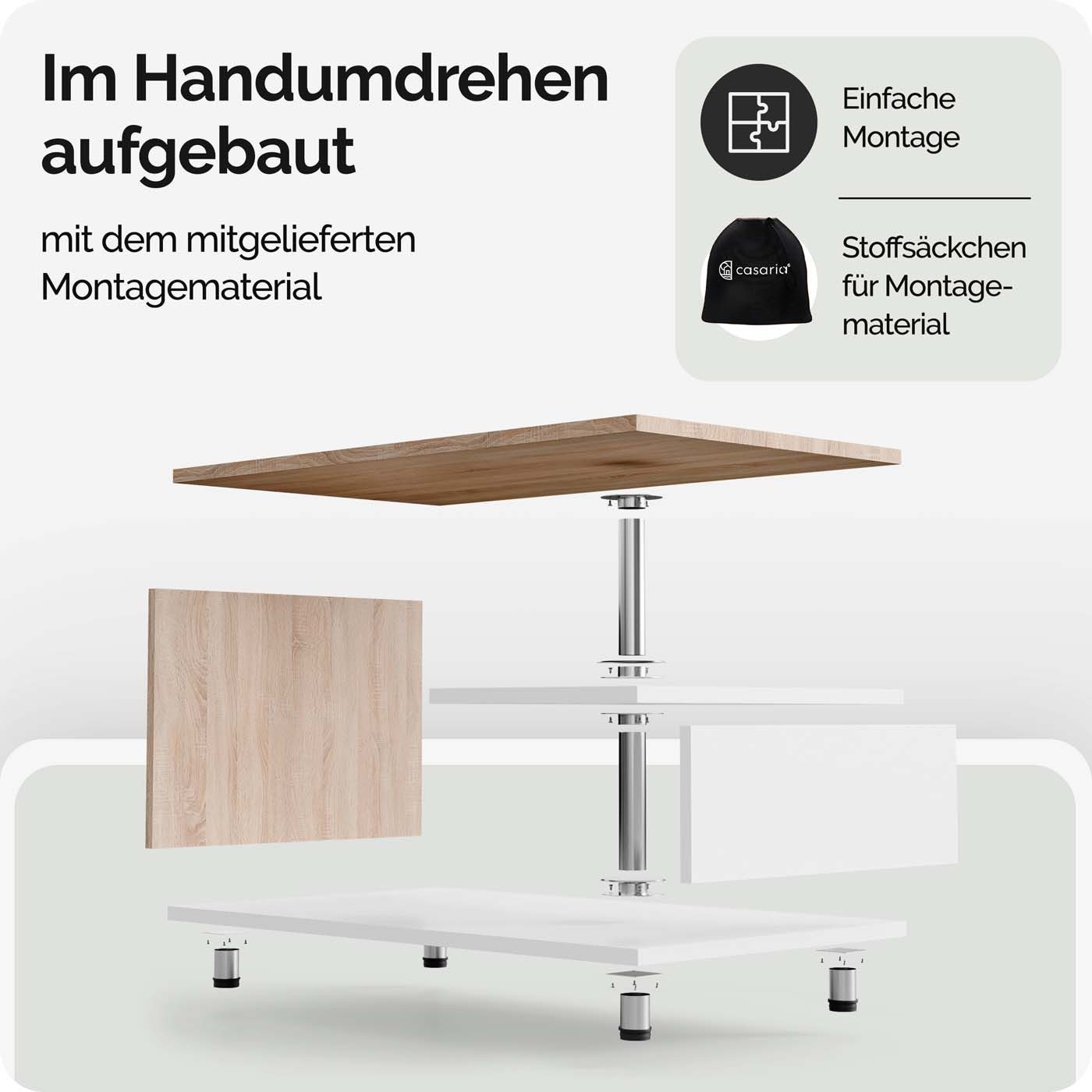 Casaria Couchtisch Orlando, Stauraum 3 Ablagen Holz Modern Höhenverstellbar 95x55x50cm Weiß Eiche