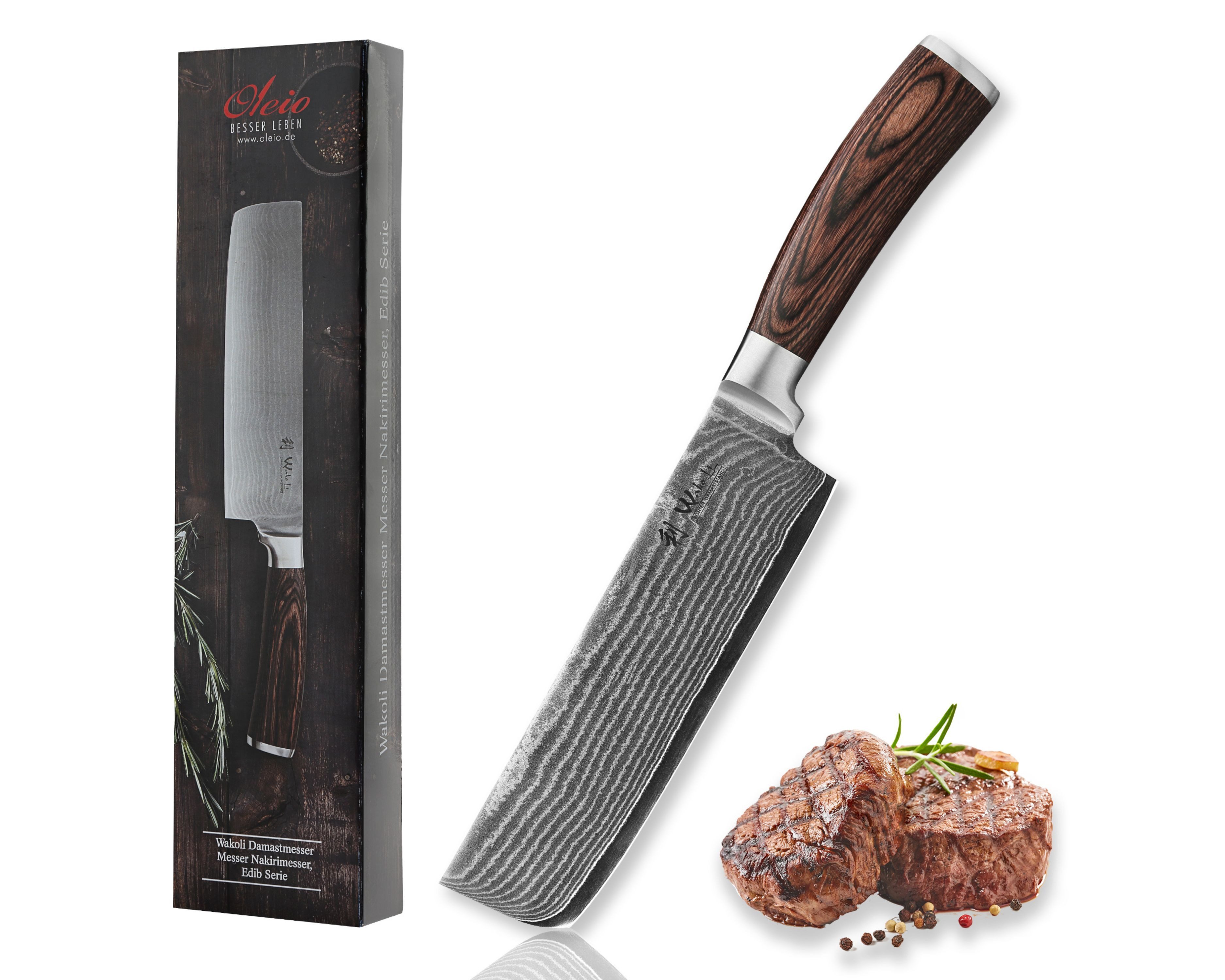 Wakoli Asiamesser EDIB Nakirimesser I Kochmesser Küchenmesser I 17,5 cm Klinge, VG10 Kern, 67 Lagen Damaststahl, Pakkaholzgriff, inkl. Geschenkbox