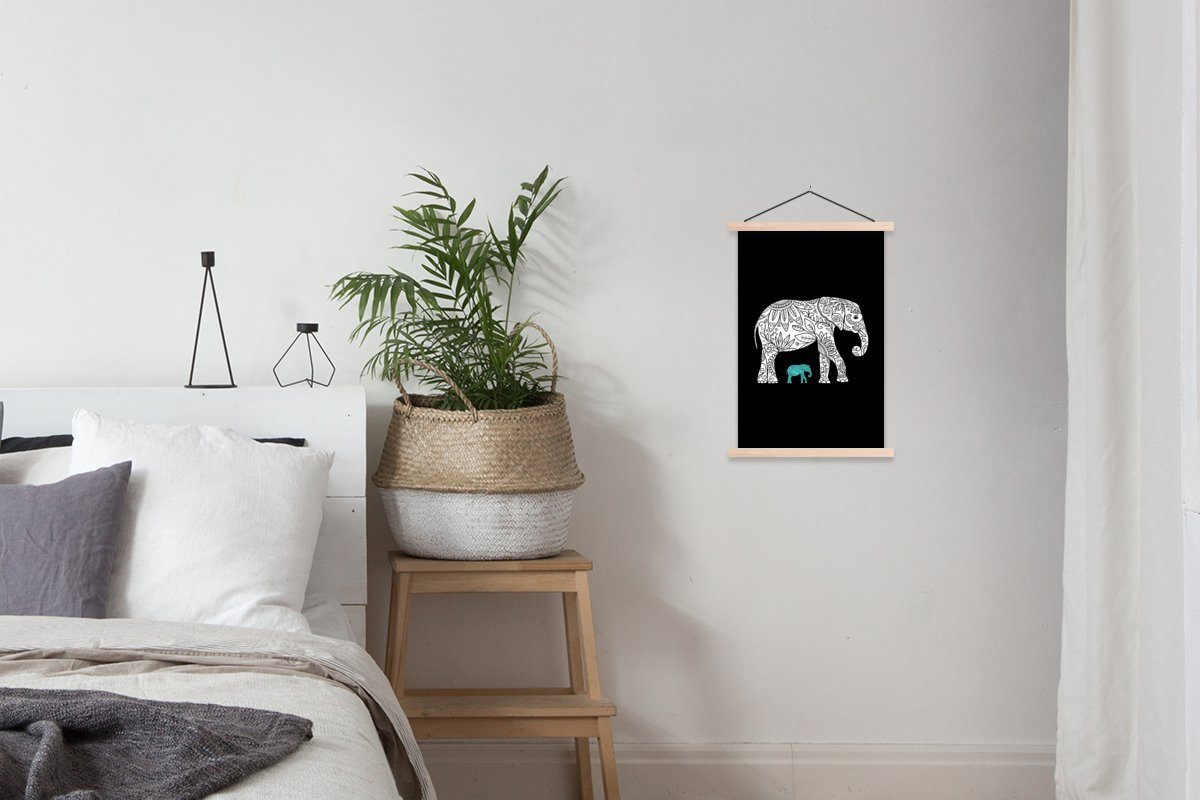 Schwarz, Elefant (1 St), Muster für Textilposter Bilderleiste, Wohnzimmer, Posterleiste, Magnetisch Poster - MuchoWow -