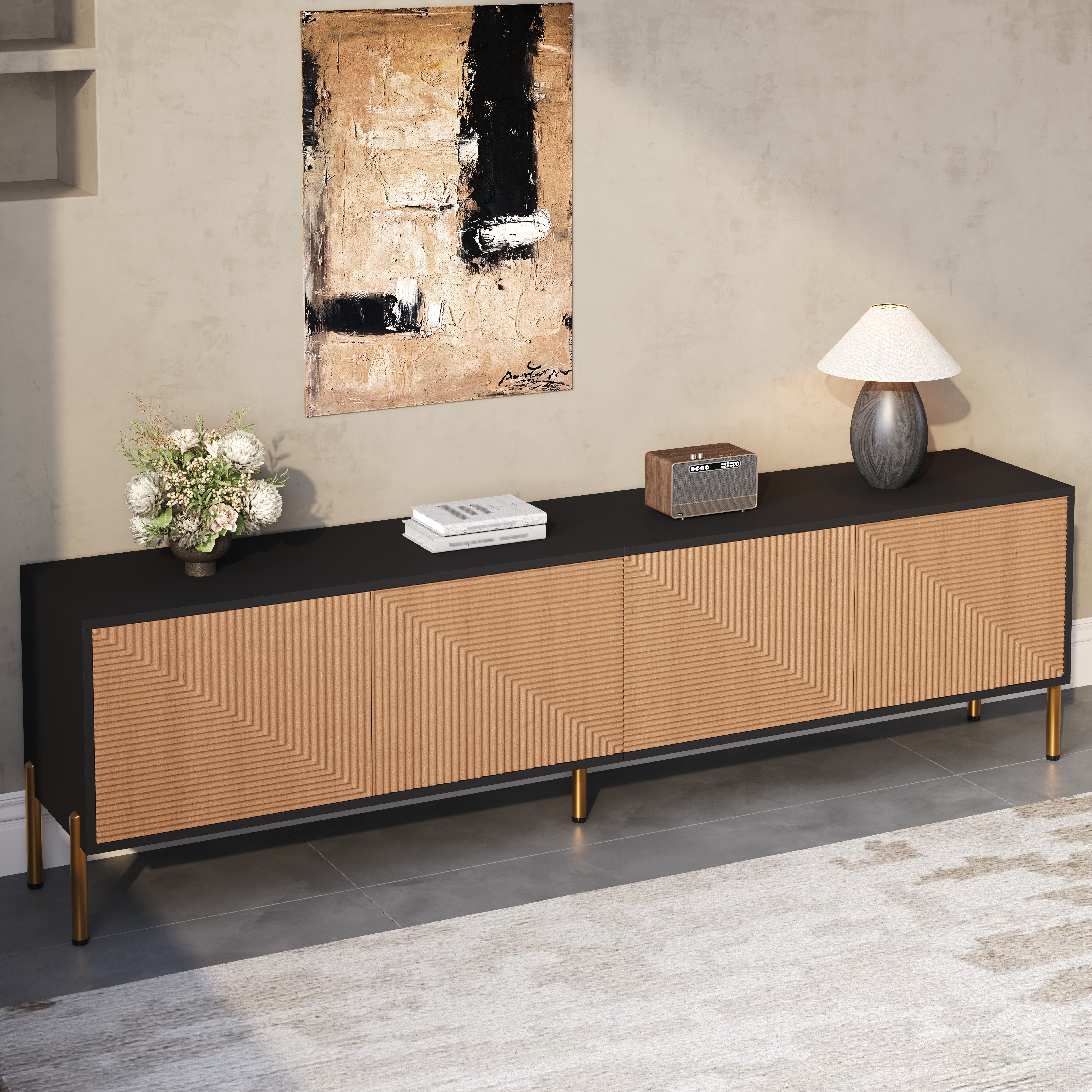 TV-Schrank Sideboard Schwarz-Gold mit 3D-Front, 4 Türen, großer Stauraum