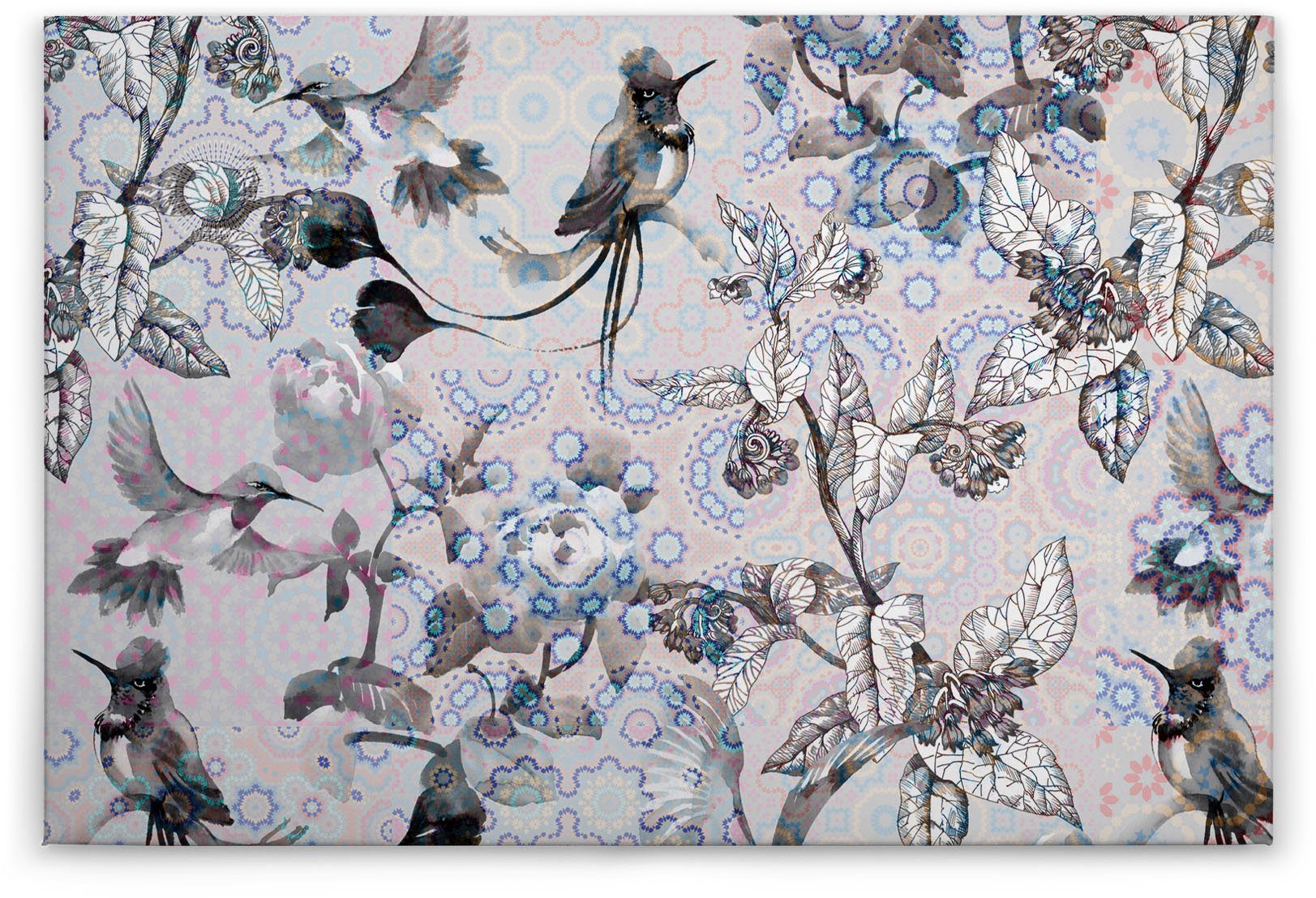 Bild Mosaik A.S. Création St), mosaic Blumen Leinwandbild (1 Keilrahmen 3, Floral exotic Vögel Vögel