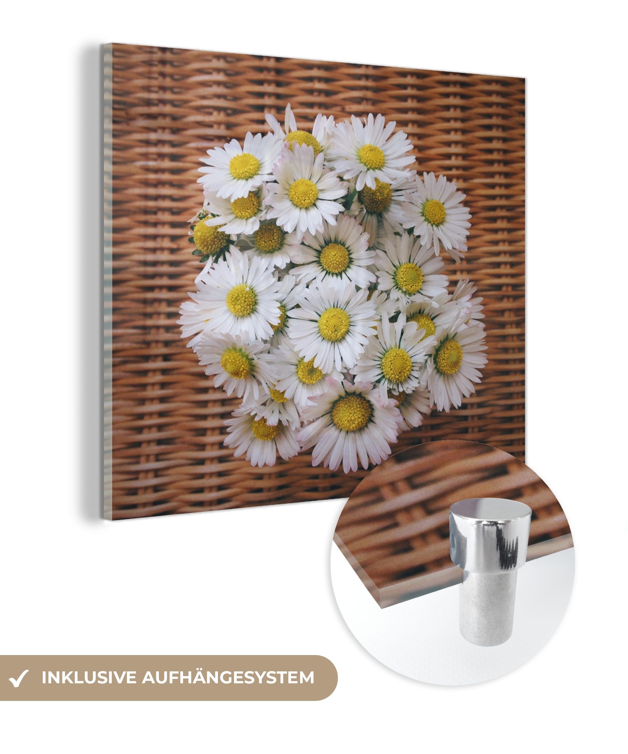 einem Stuhl, - Glas mit Gänseblümchen Glasbilder Buch Bilder auf (1 St), Wandbild - auf Glas Wanddekoration Acrylglasbild MuchoWow auf - Foto