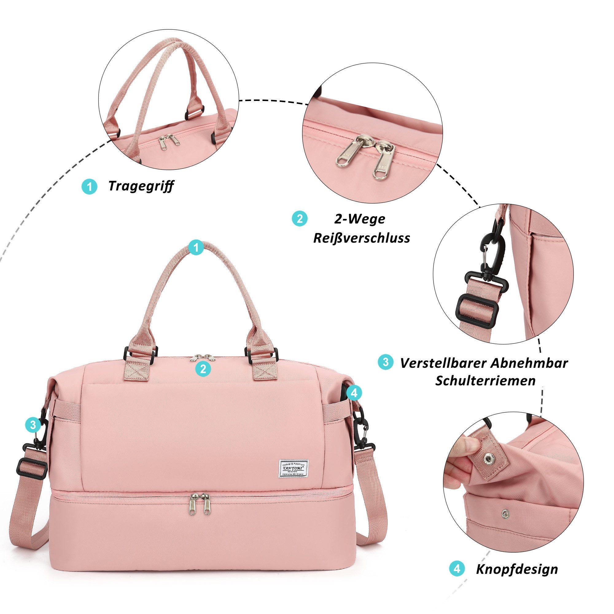 TAN.TOMI Reisetasche Wasserdichter Flugbegleiter Reise-Seesack - Tragetasche (Erweiterbar mit Trolley-Ärmel und Nasstasche), Sporttasche Wochenendtasche - Krank – Bild 4 von 5