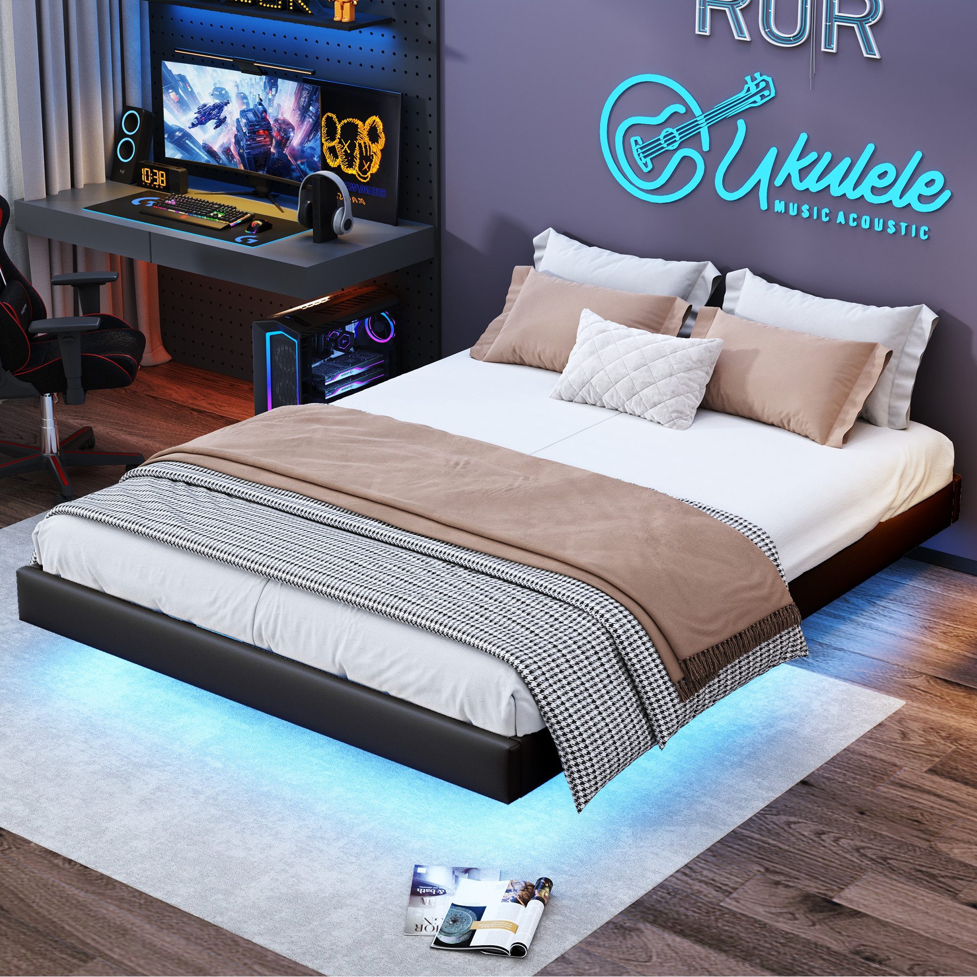 zebery Polsterbett Stauraumbett schwebendes Design mit LED-Lichtleiste (ohne Kopfteil,PU-Kunstleder,Jugendbett mit Bettkasten), Doppelbett 160x200cm mit hydraulischem Stauraum