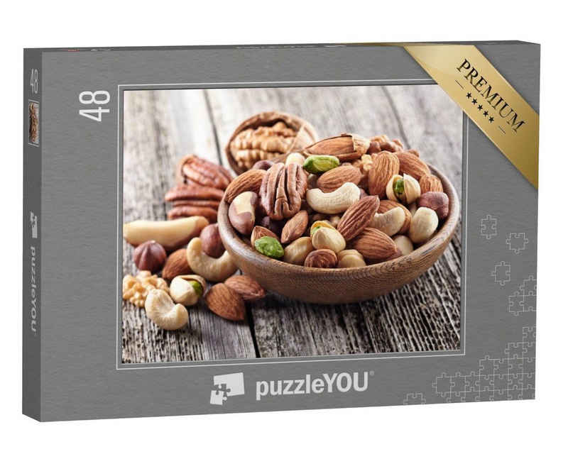 puzzleYOU Puzzle Nussmischung in einem Holzteller, 48 Puzzleteile, puzzleYOU-Kollektionen Nüsse