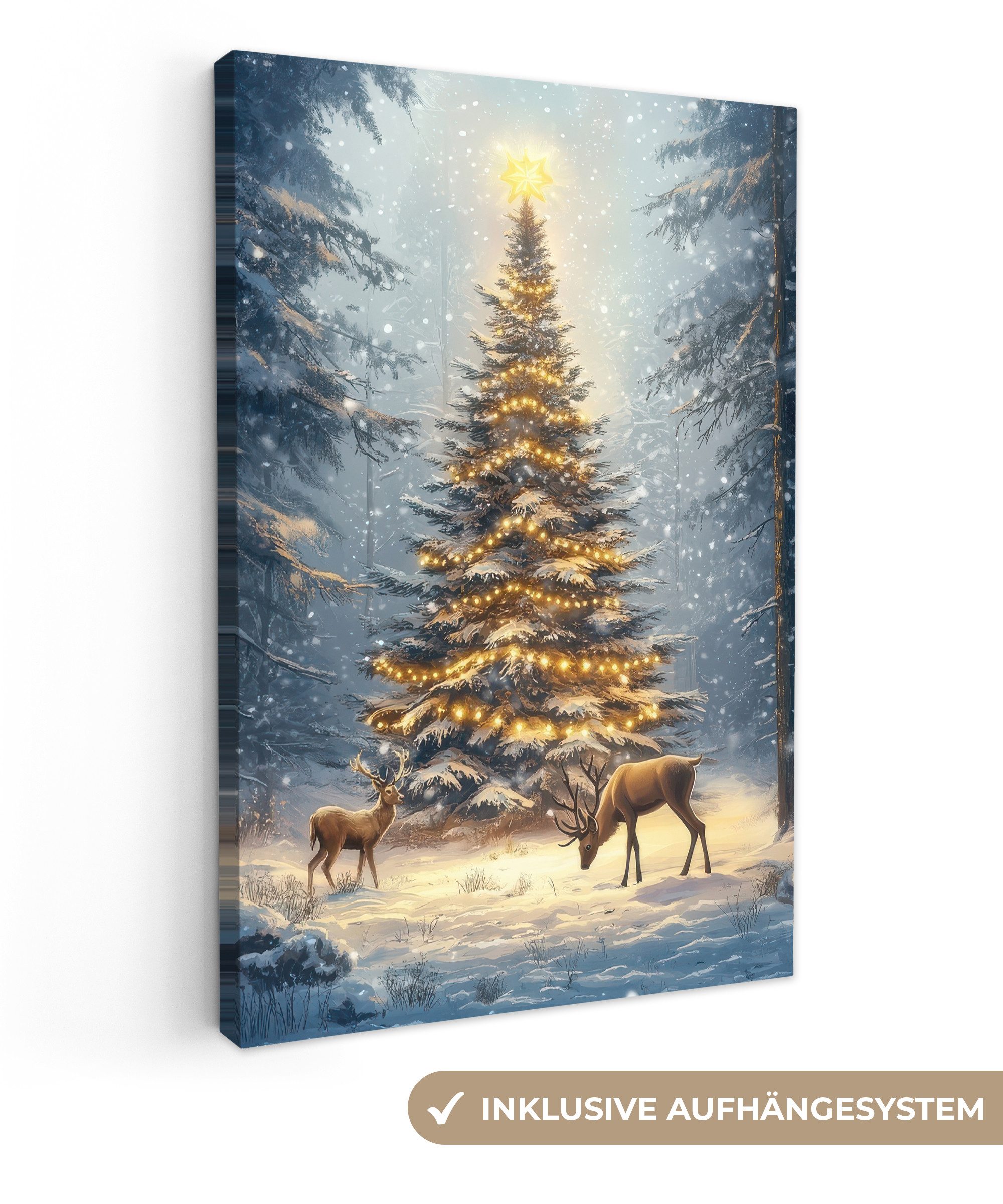 OneMillionCanvasses® Leinwandbild Weihnachtsbeleuchtung - Wald - Hirsche - günstig online kaufen