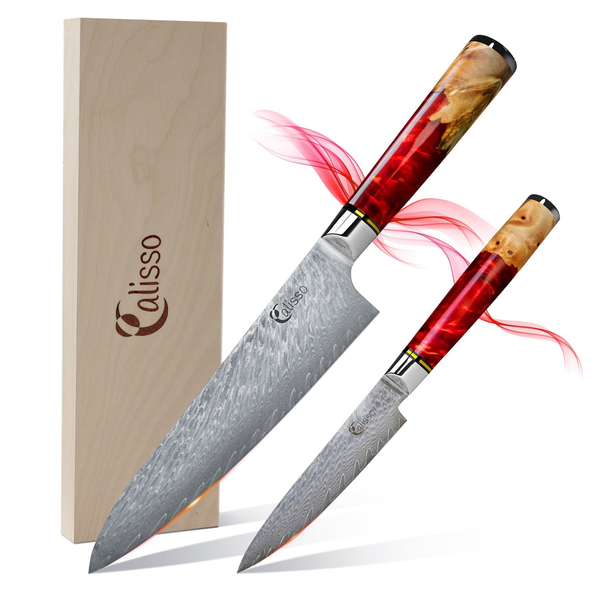 Calisso Messer-Set Küchenmesser Ruby Line Messerset (Starter Set, 2-tlg), Damaskus Stahl