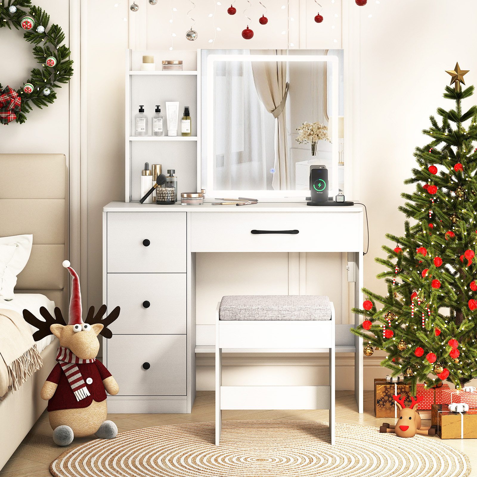 COSTWAY Schminktisch (1-St), Frisiertisch mit LED Spiegel, Hocker, Steckdos günstig online kaufen