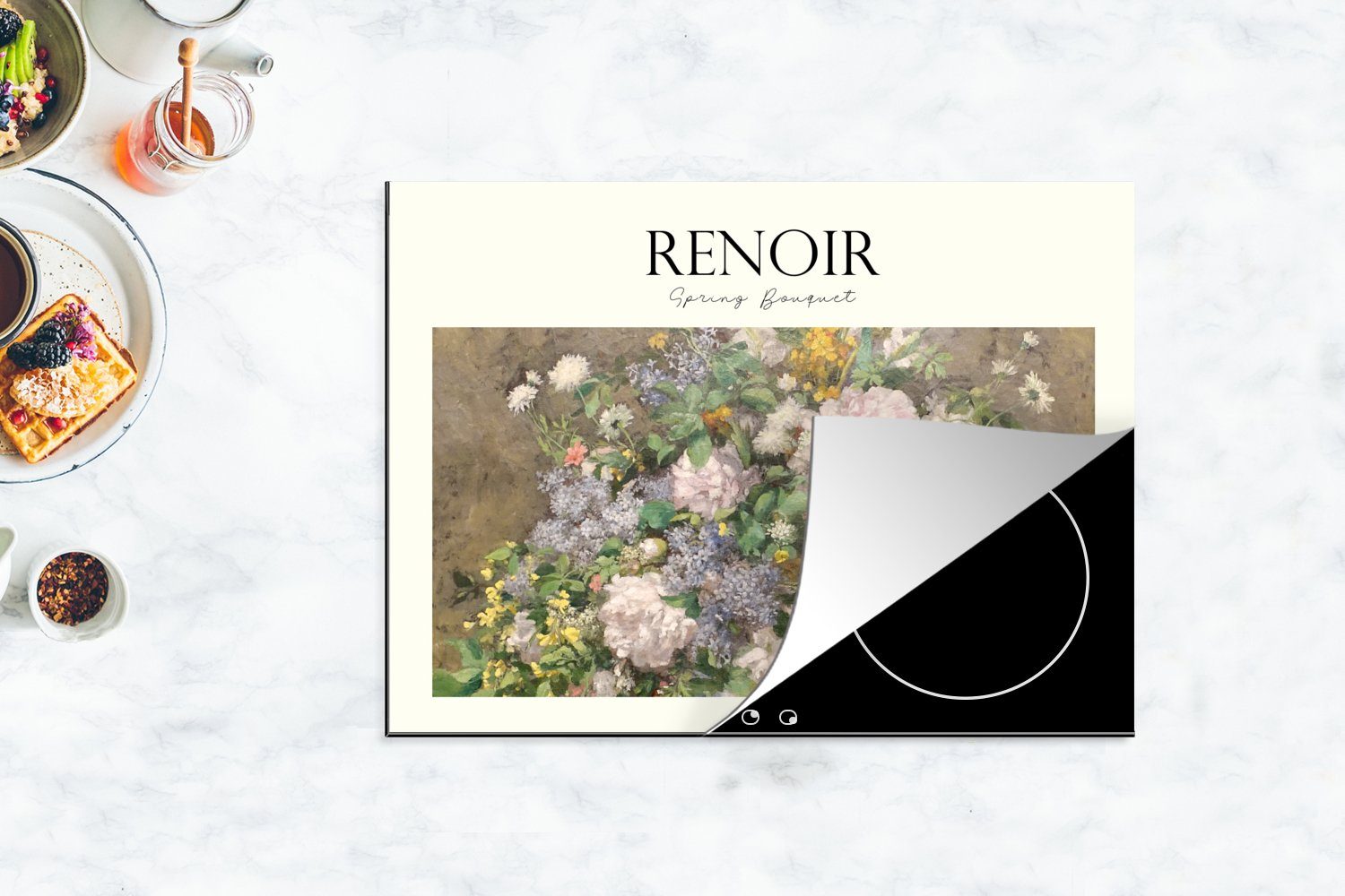 tlg), nutzbar, 70x52 Vinyl, MuchoWow - Ceranfeldabdeckung Renoir, Arbeitsfläche Blumen cm, (1 Herdblende-/Abdeckplatte Mobile Kunst -