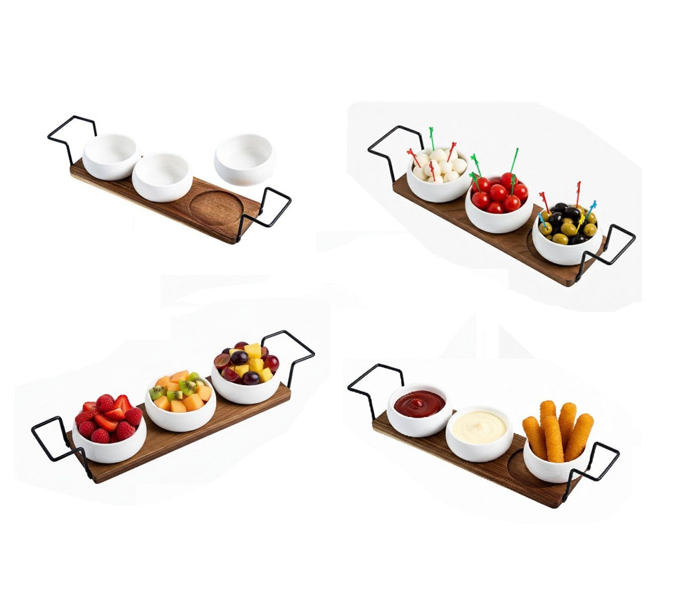 Cheffinger Schale 4-tlg. Dip-Schalenset mit Bambusbrett & Keramikschalen, Bambus, Keramik, (4-tlg)