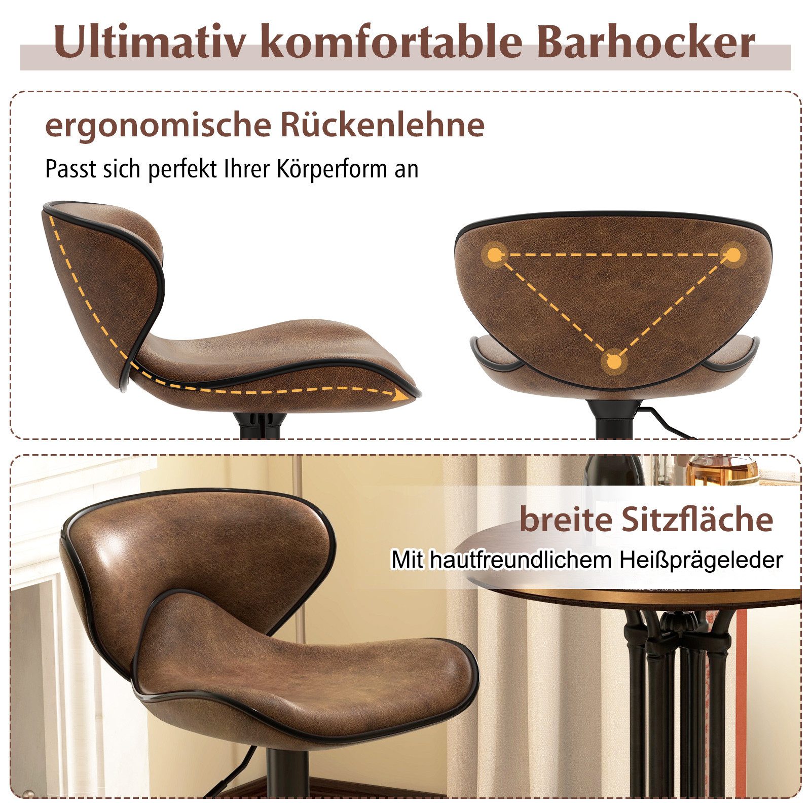 COSTWAY Barhocker (2 St), mit Fußstütze & Lehne, drehbar, Sitzhöhe 65-85cm