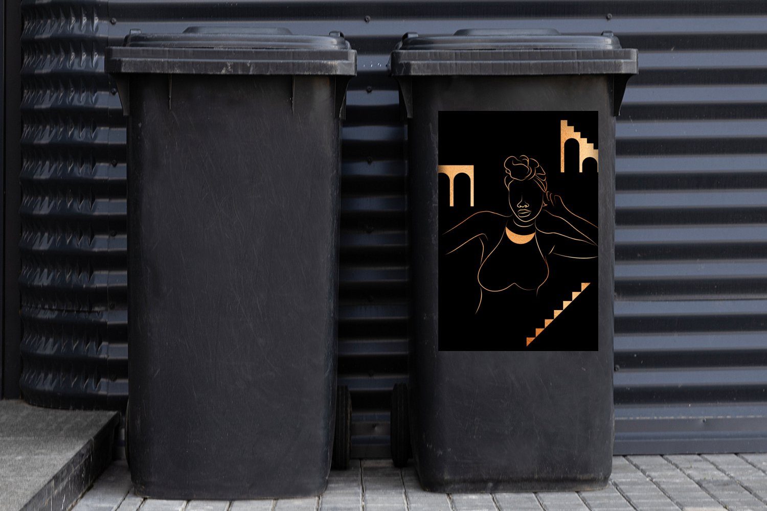 Wandsticker Mülltonne, Container, St), Gold Sticker, - Strichzeichnung MuchoWow - Frau (1 Mülleimer-aufkleber, Abfalbehälter