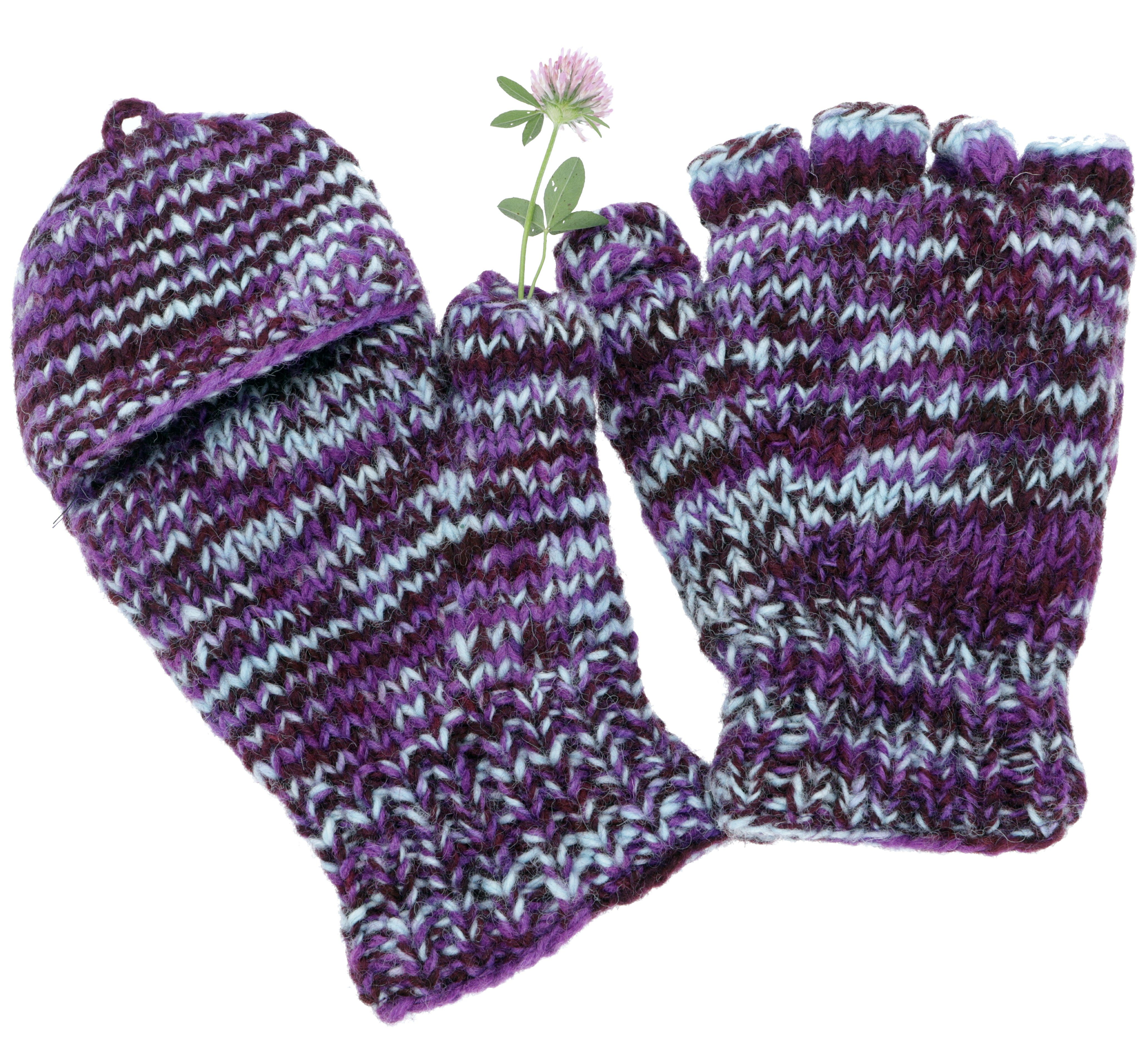 Guru-Shop Strickhandschuhe Handgestrickte Handschuhe, Klapphandschuhe.. violett/hellblau | Strickhandschuhe