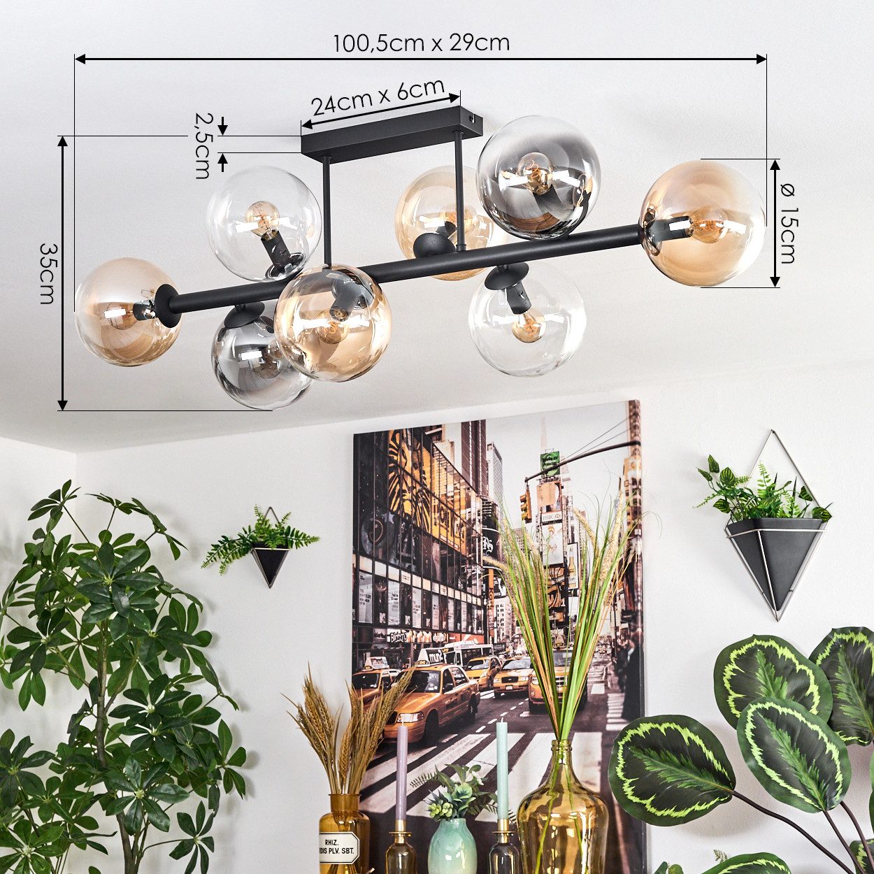 hofstein Deckenleuchte 8-flammige Deckenlampe aus Metall/Glas in Schwarz/Bernstein/Rauch/Klar, ohne Leuchtmittel, im Vintage-Design (Schirme Ø 15 cm), E14